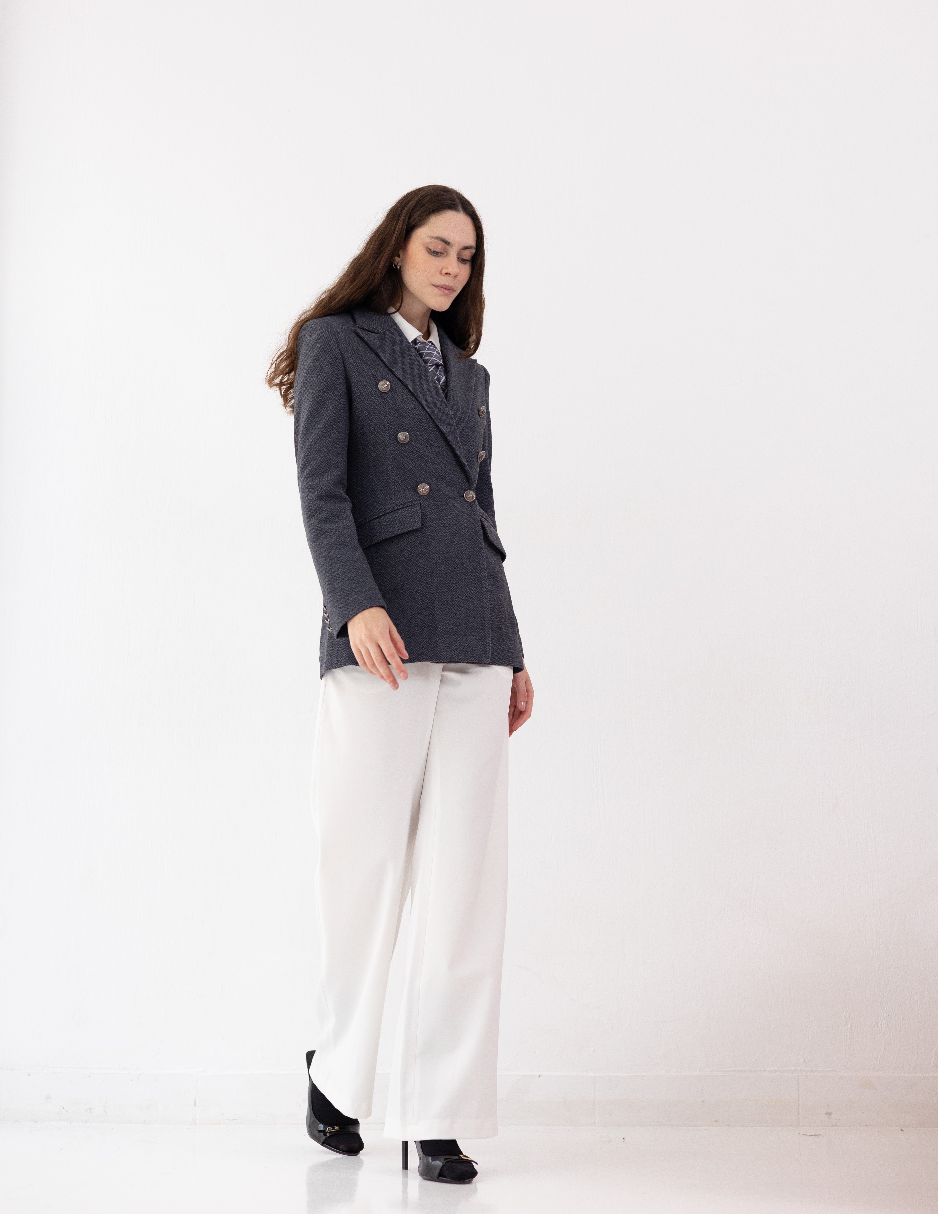 Steel Graphite Tweed Wool Double Breasted Blazer