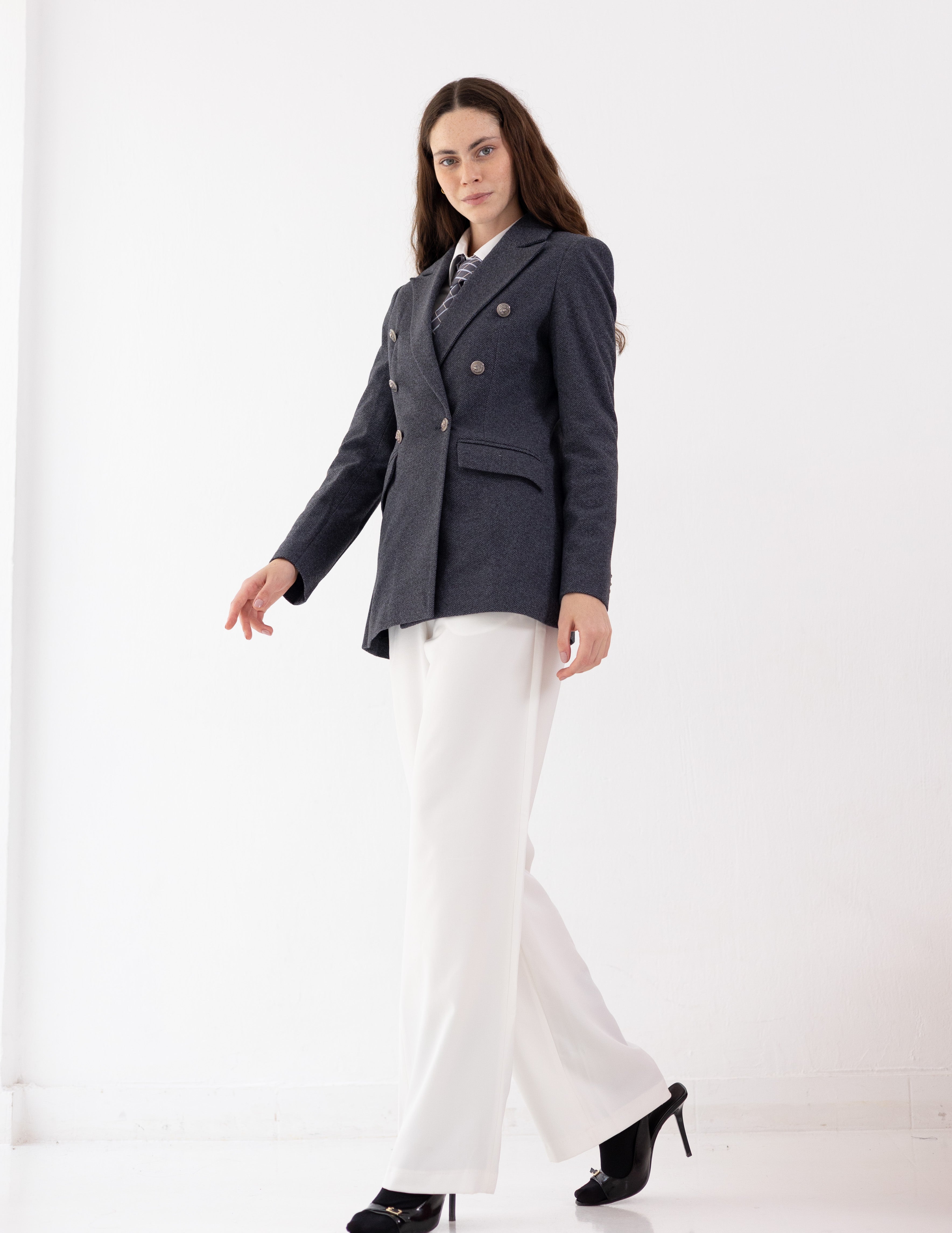 Steel Graphite Tweed Wool Double Breasted Blazer