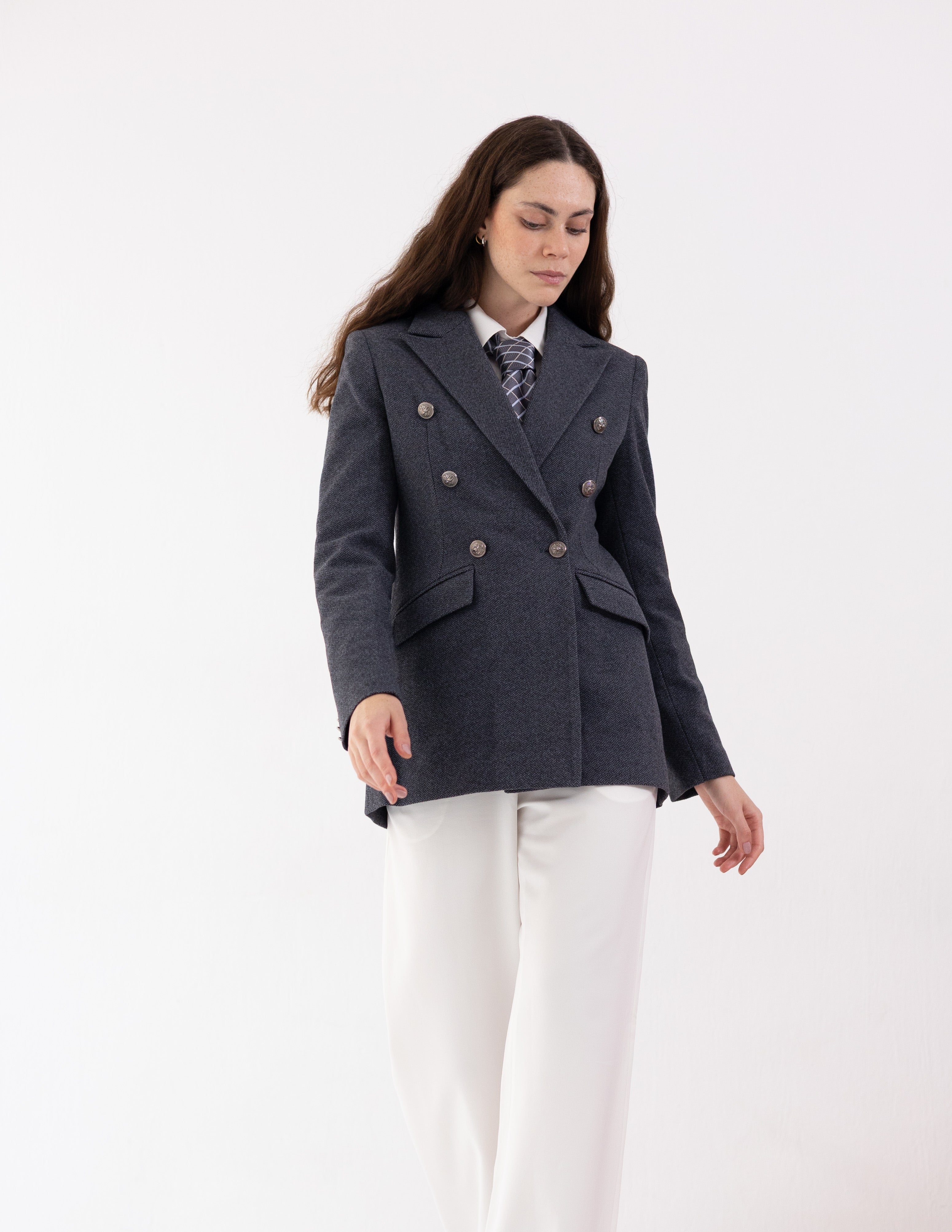 Steel Graphite Tweed Wool Double Breasted Blazer