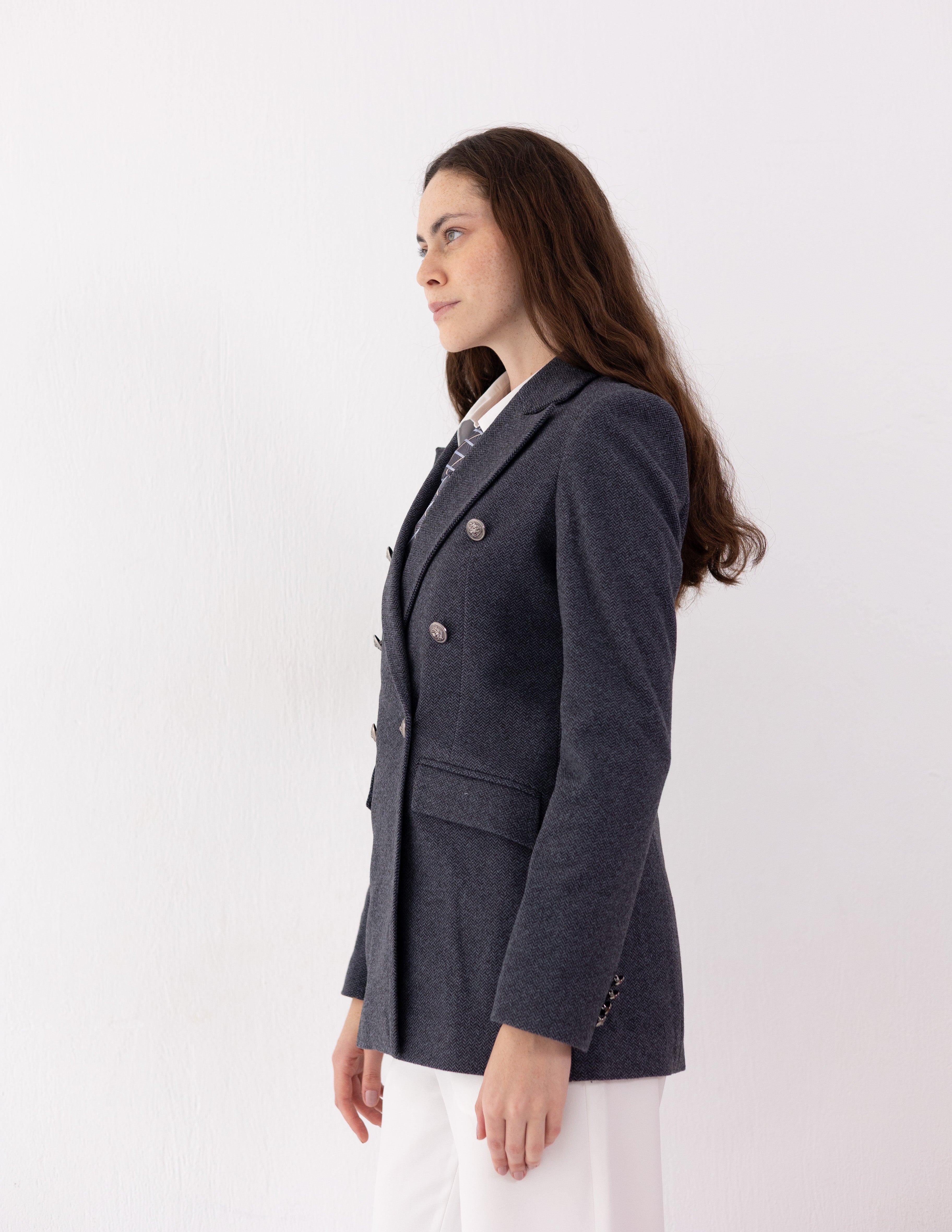 Steel Graphite Tweed Wool Double Breasted Blazer