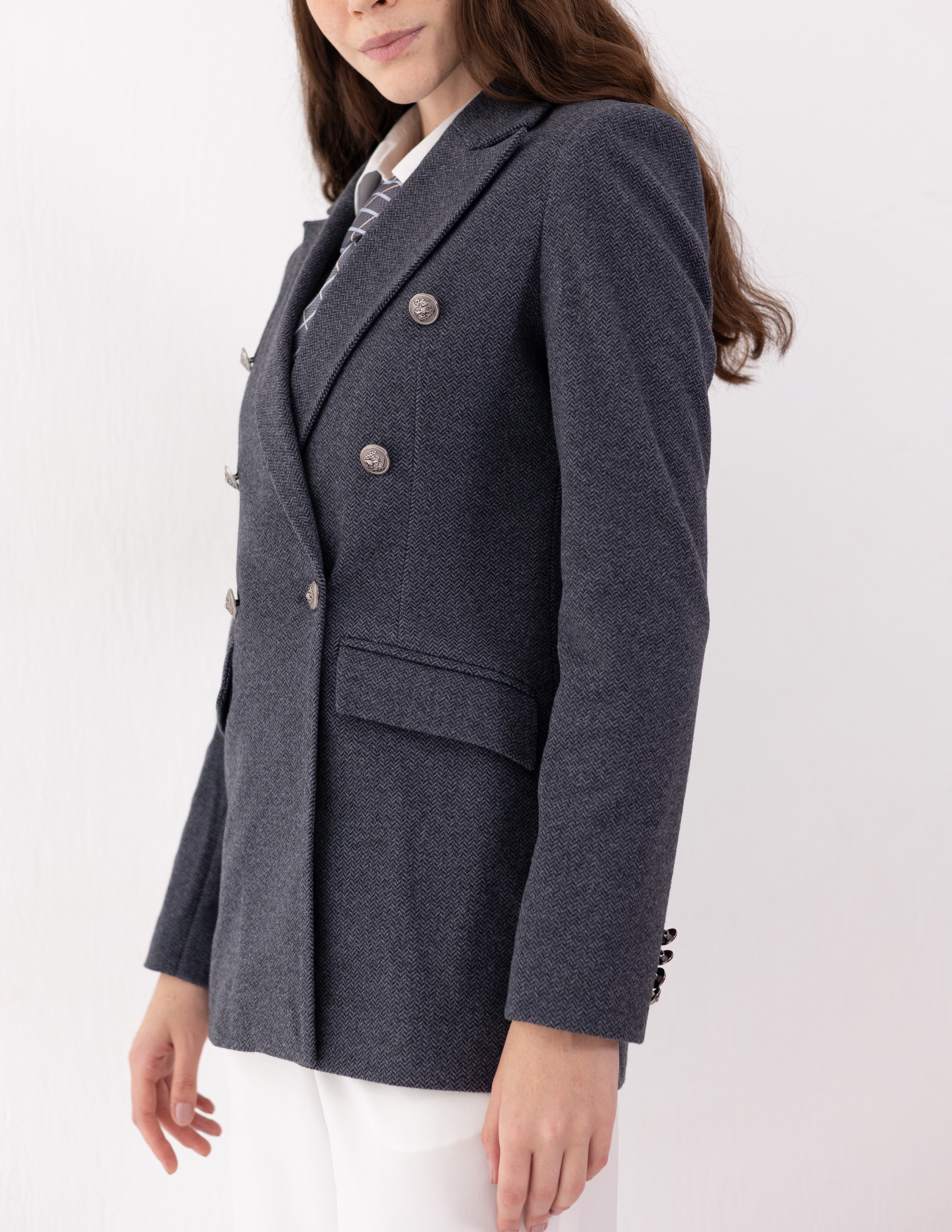 Steel Graphite Tweed Wool Double Breasted Blazer