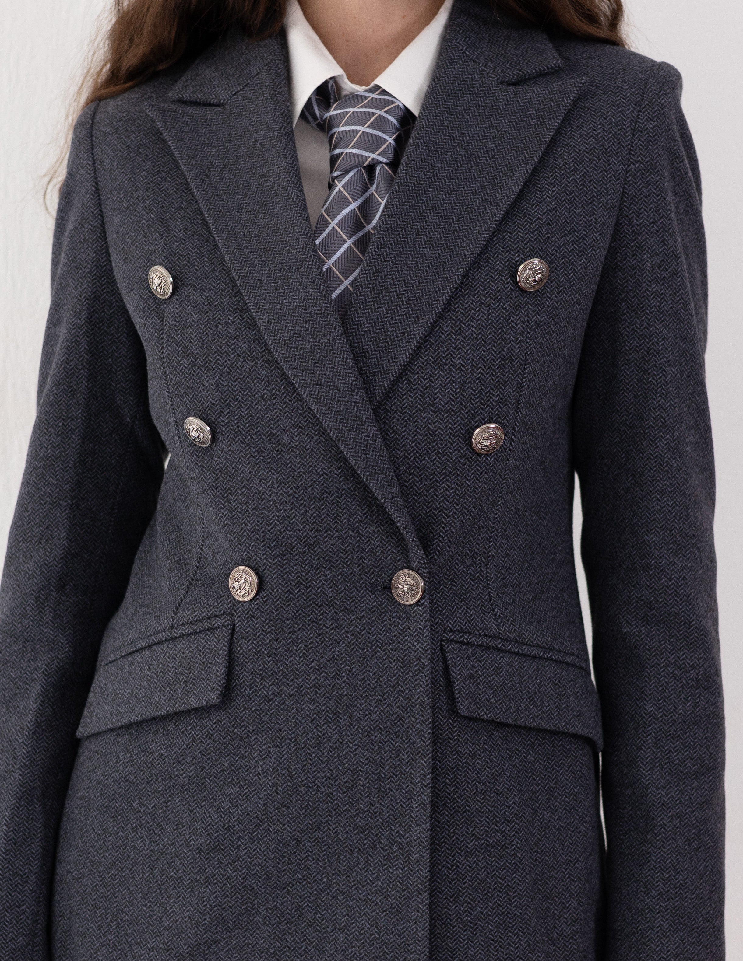 Steel Graphite Tweed Wool Double Breasted Blazer