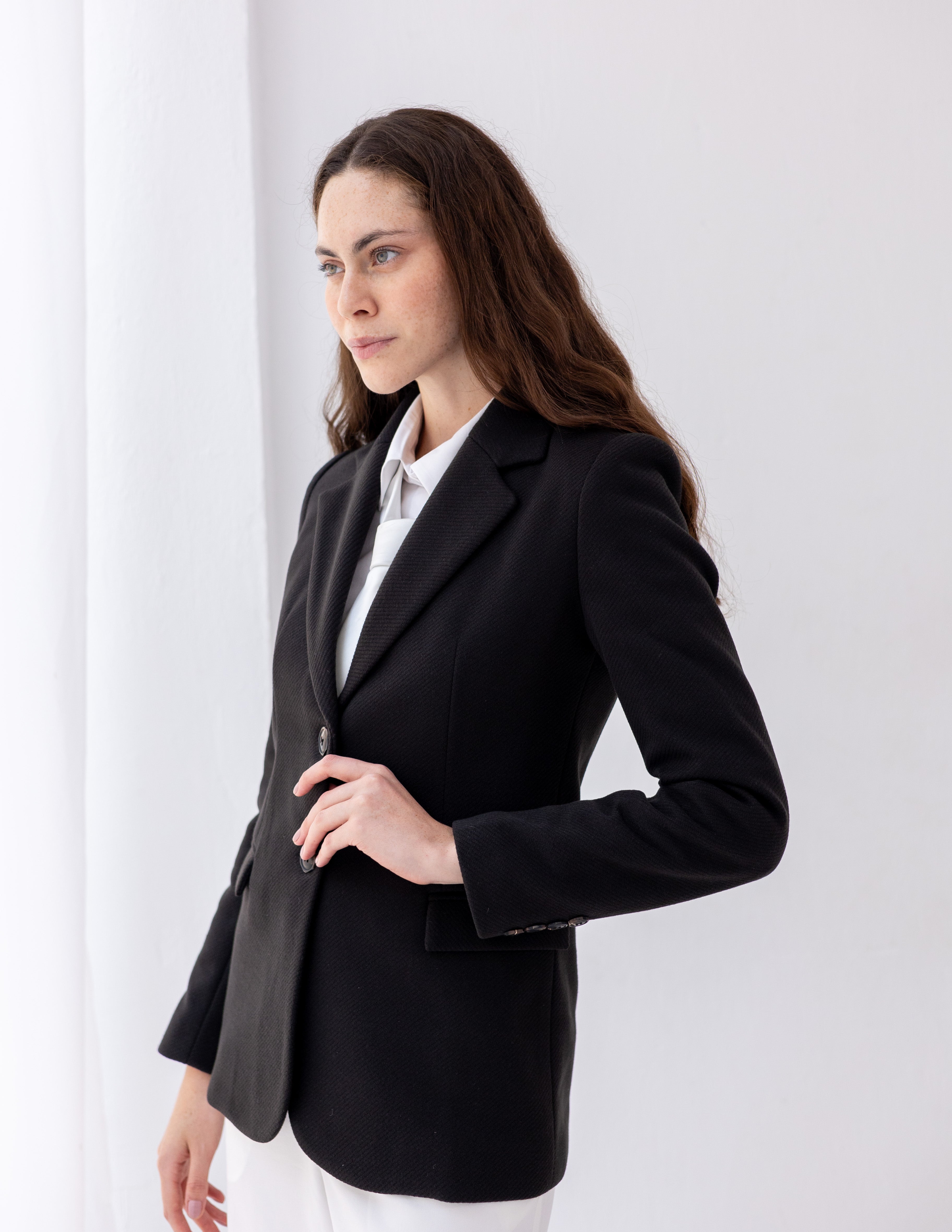 Jet Black Tweed Wool Straight Blazer