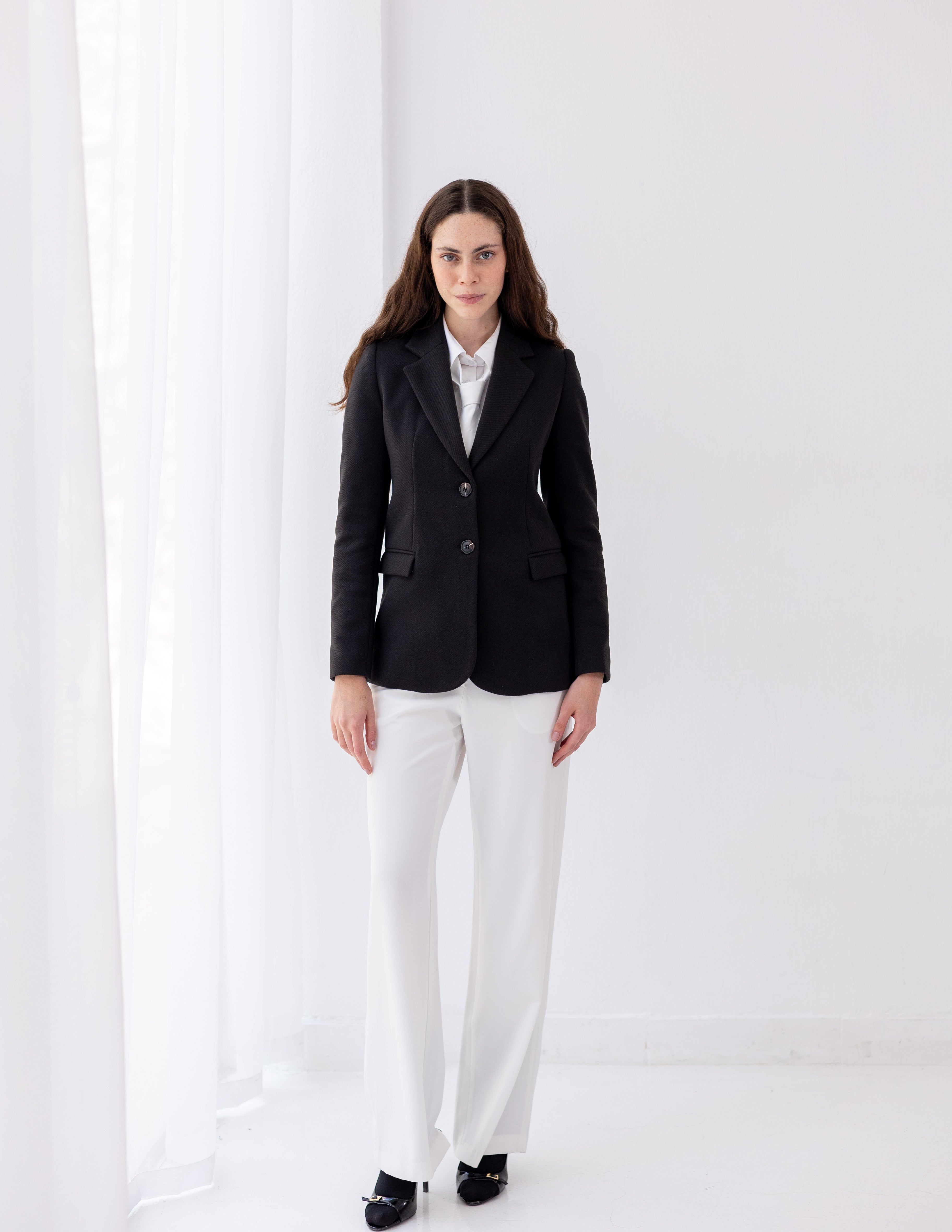 Jet Black Tweed Wool Straight Blazer