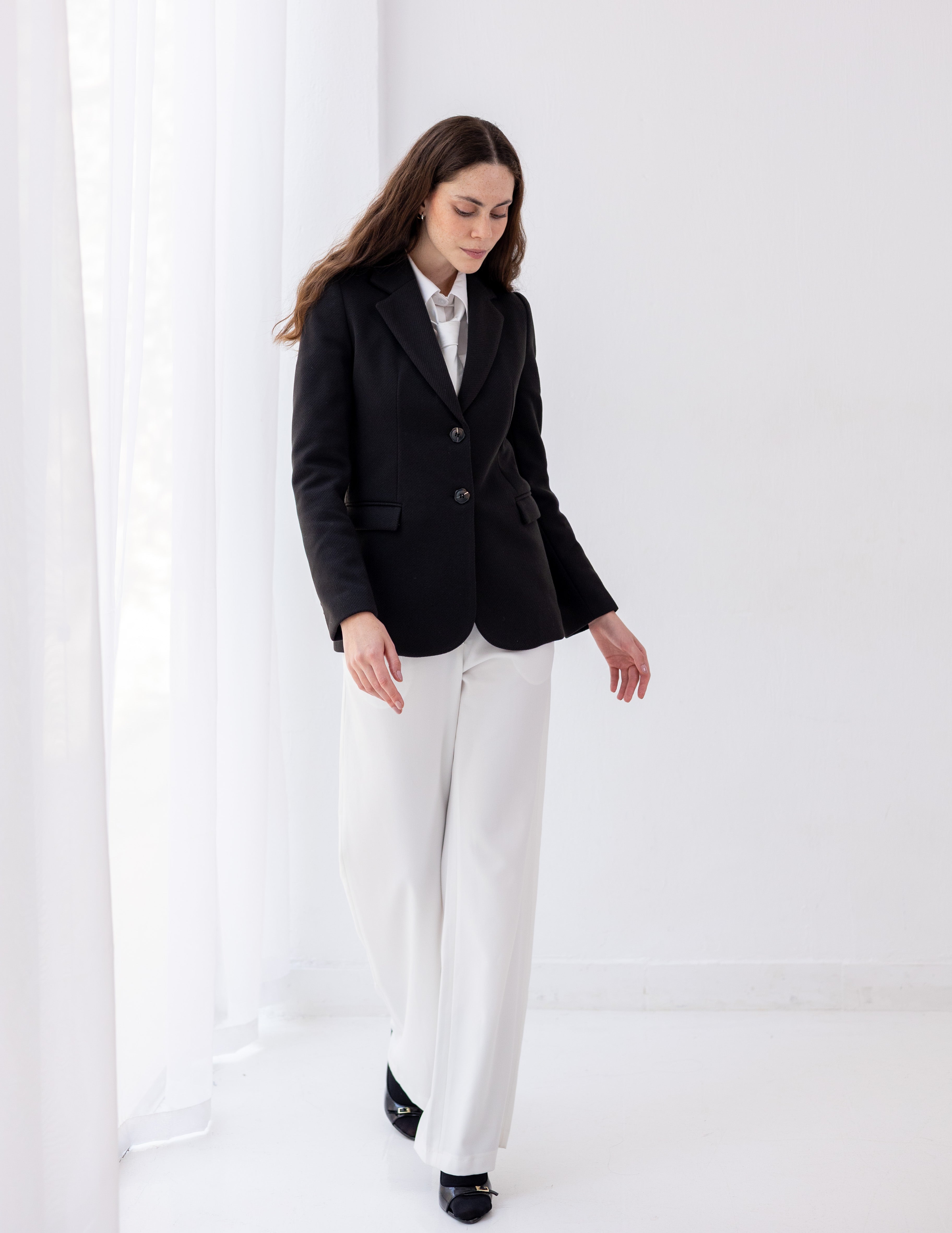 Jet Black Tweed Wool Straight Blazer