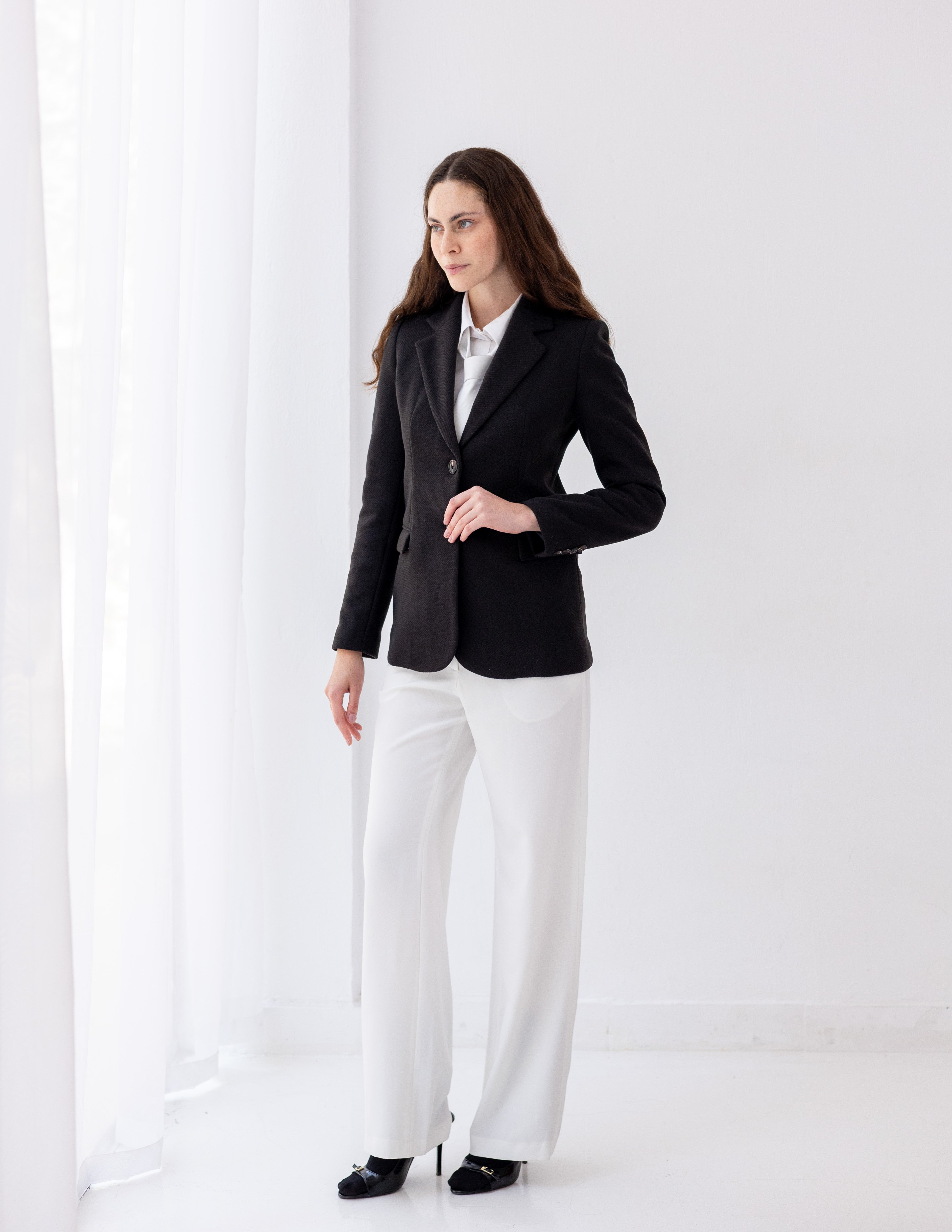 Jet Black Tweed Wool Straight Blazer