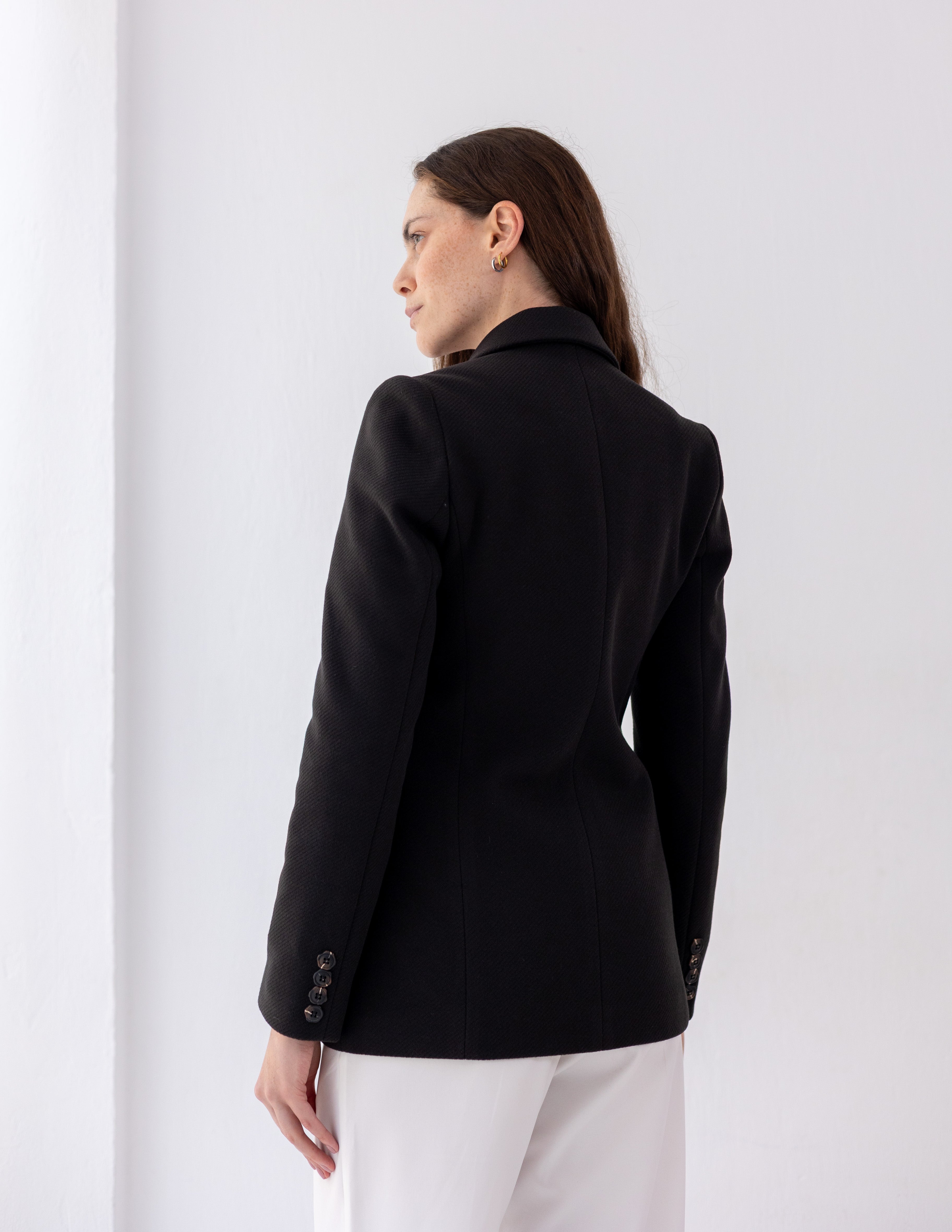 Jet Black Tweed Wool Straight Blazer