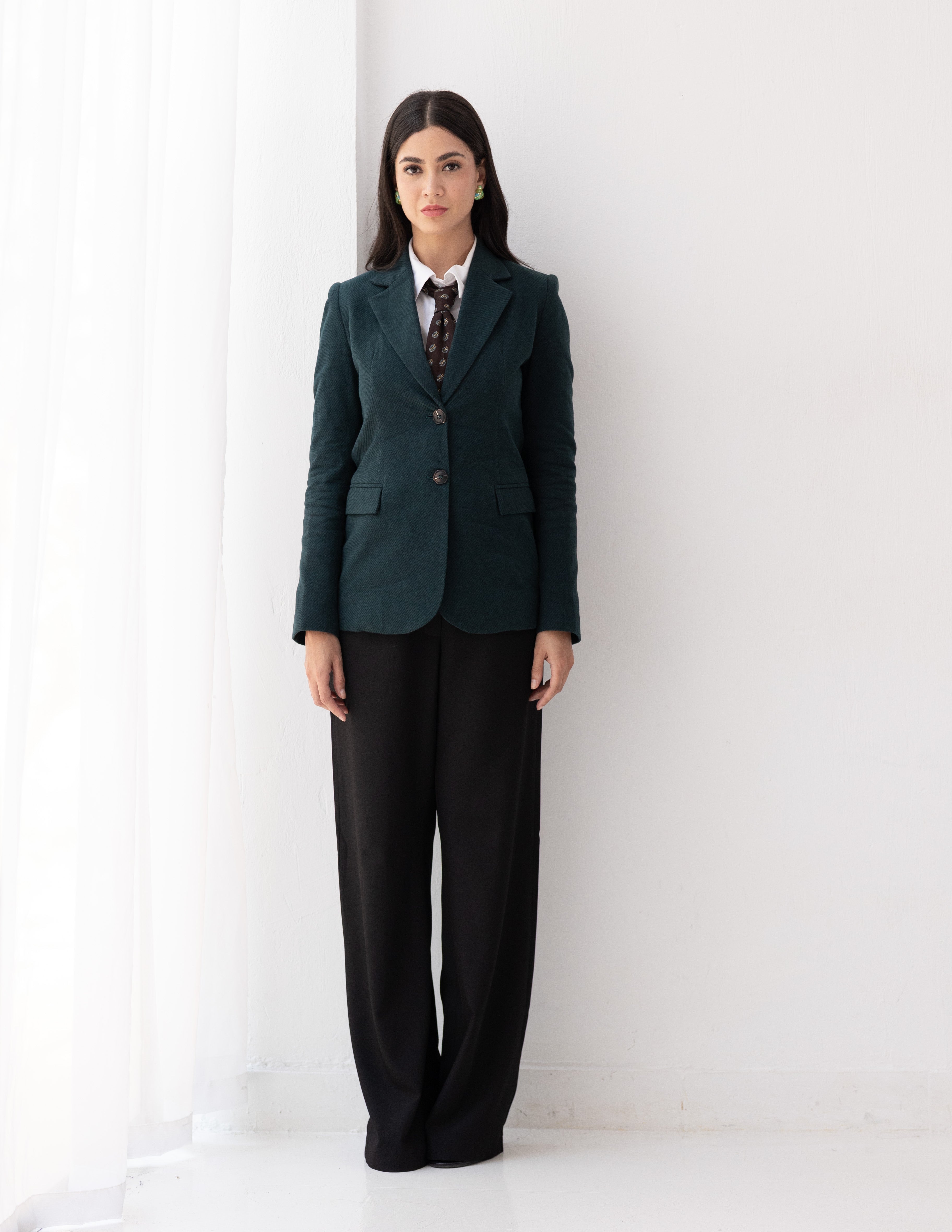 Forest Teal Wool Straight Blazer