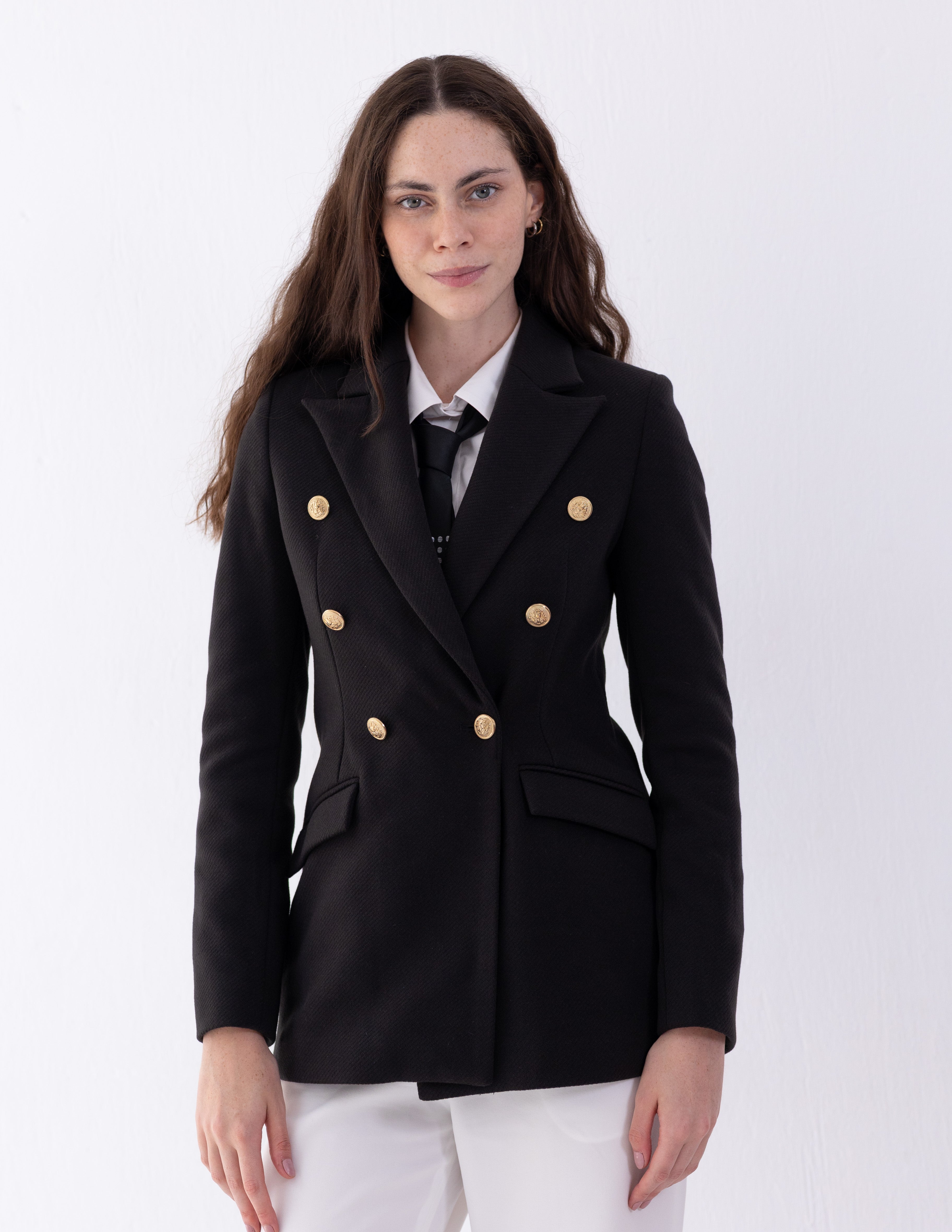 Jet Black Tweed Wool Double Breasted Blazer