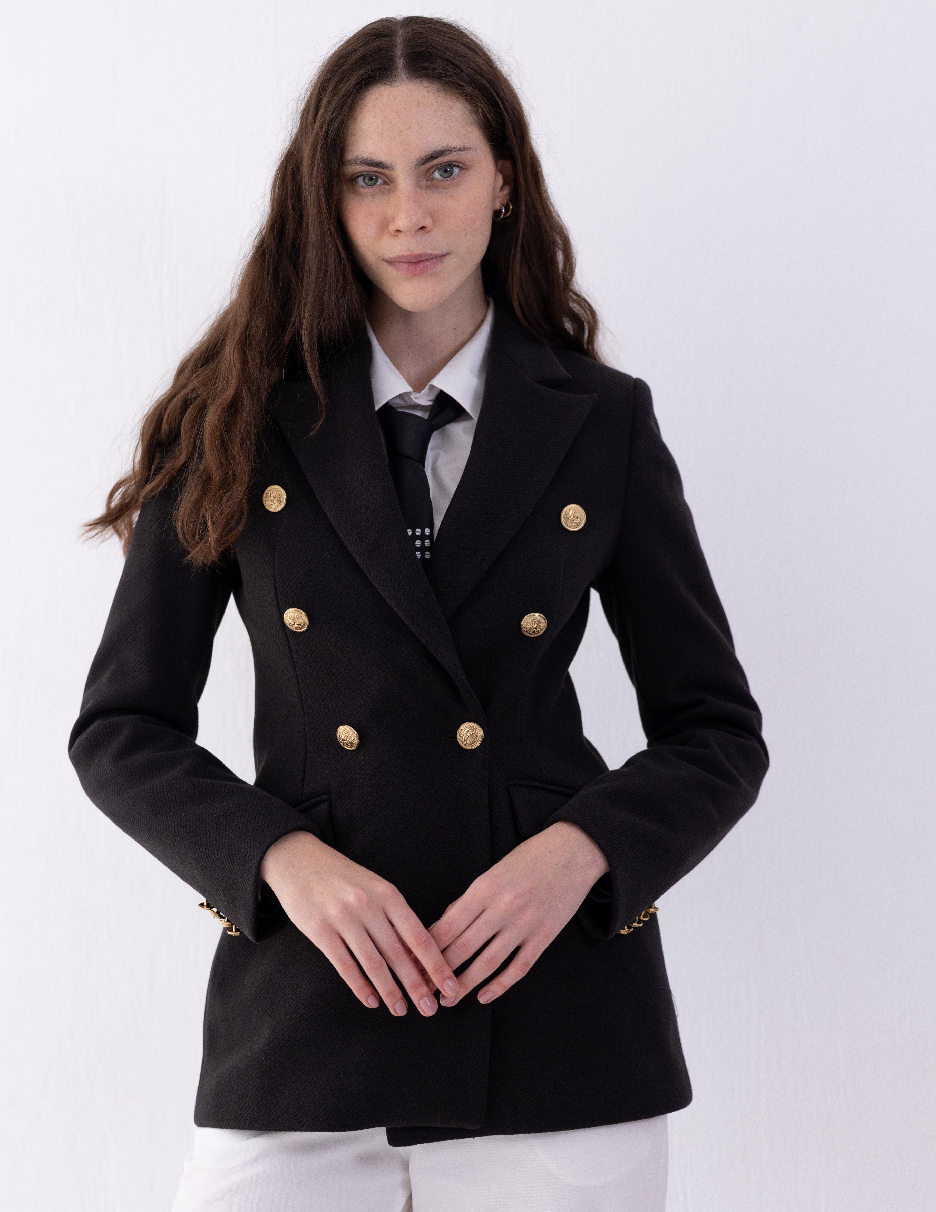 Jet Black Tweed Wool Double Breasted Blazer