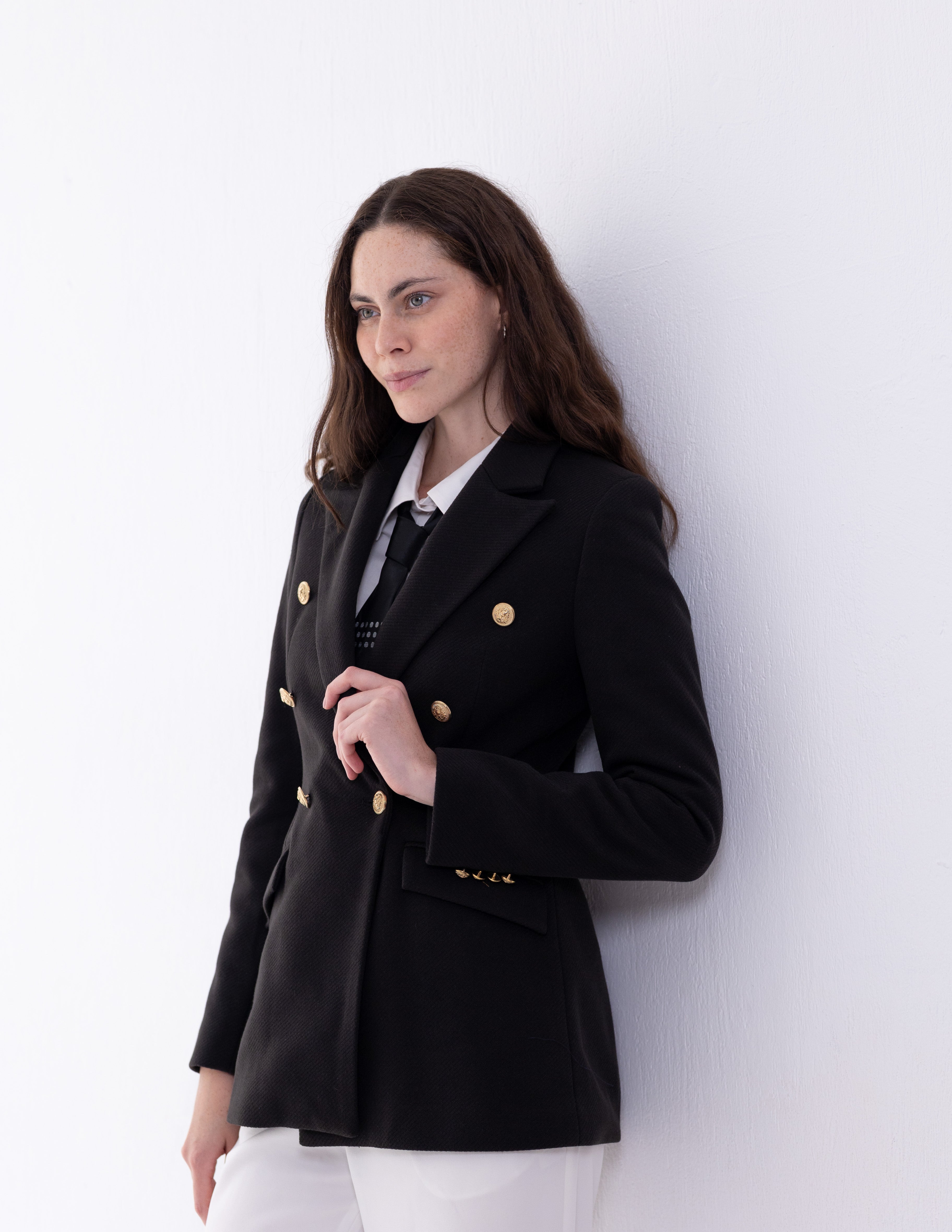 Jet Black Tweed Wool Double Breasted Blazer