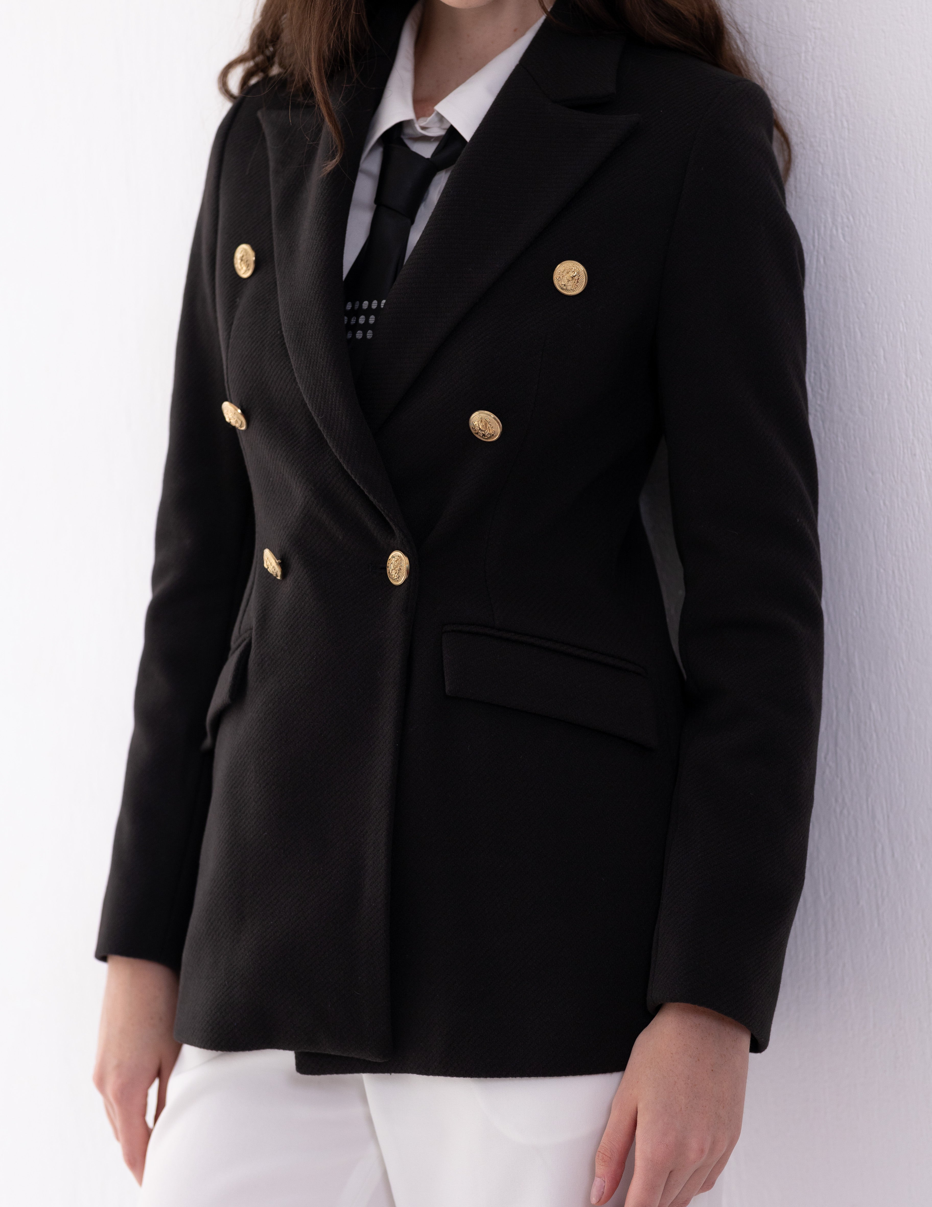 Jet Black Tweed Wool Double Breasted Blazer