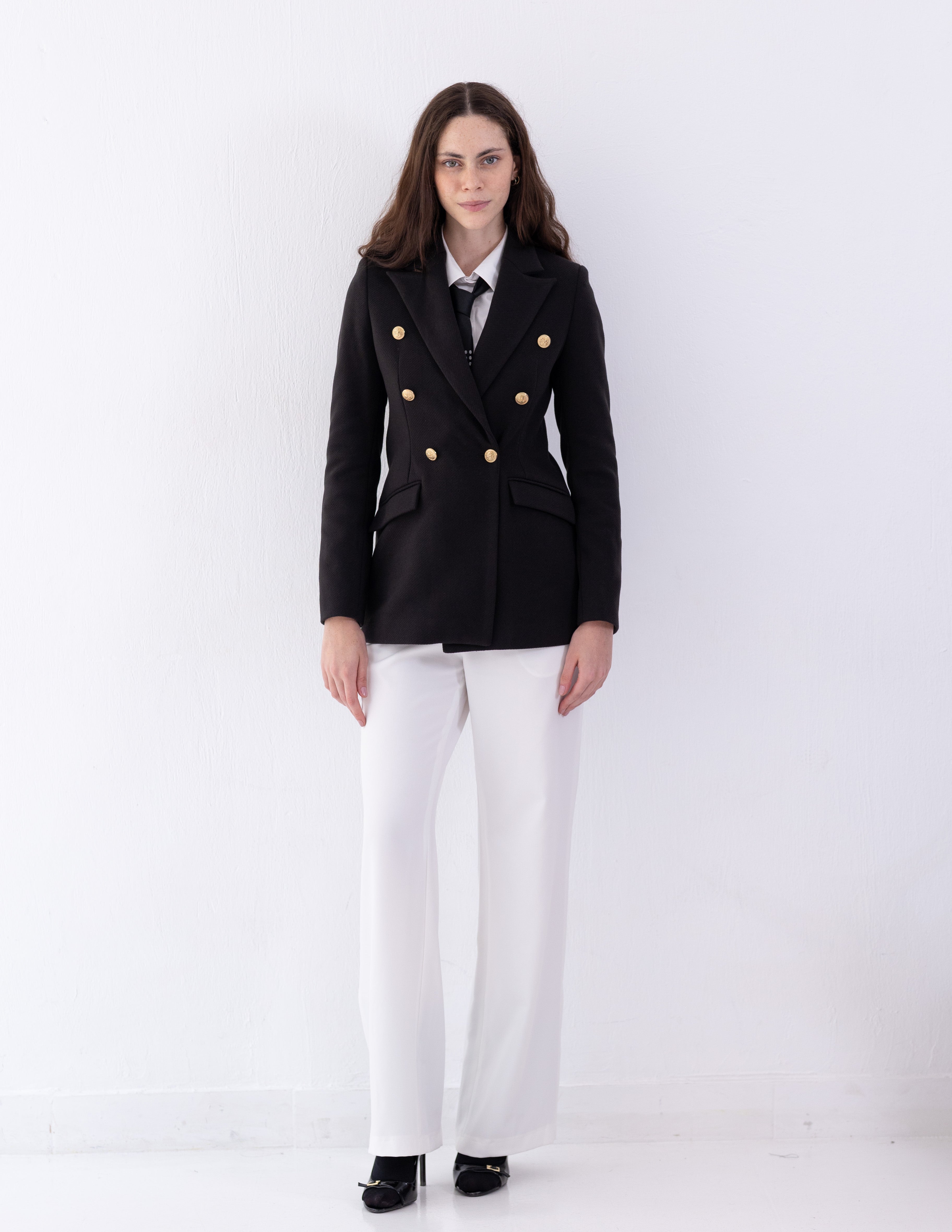 Jet Black Tweed Wool Double Breasted Blazer