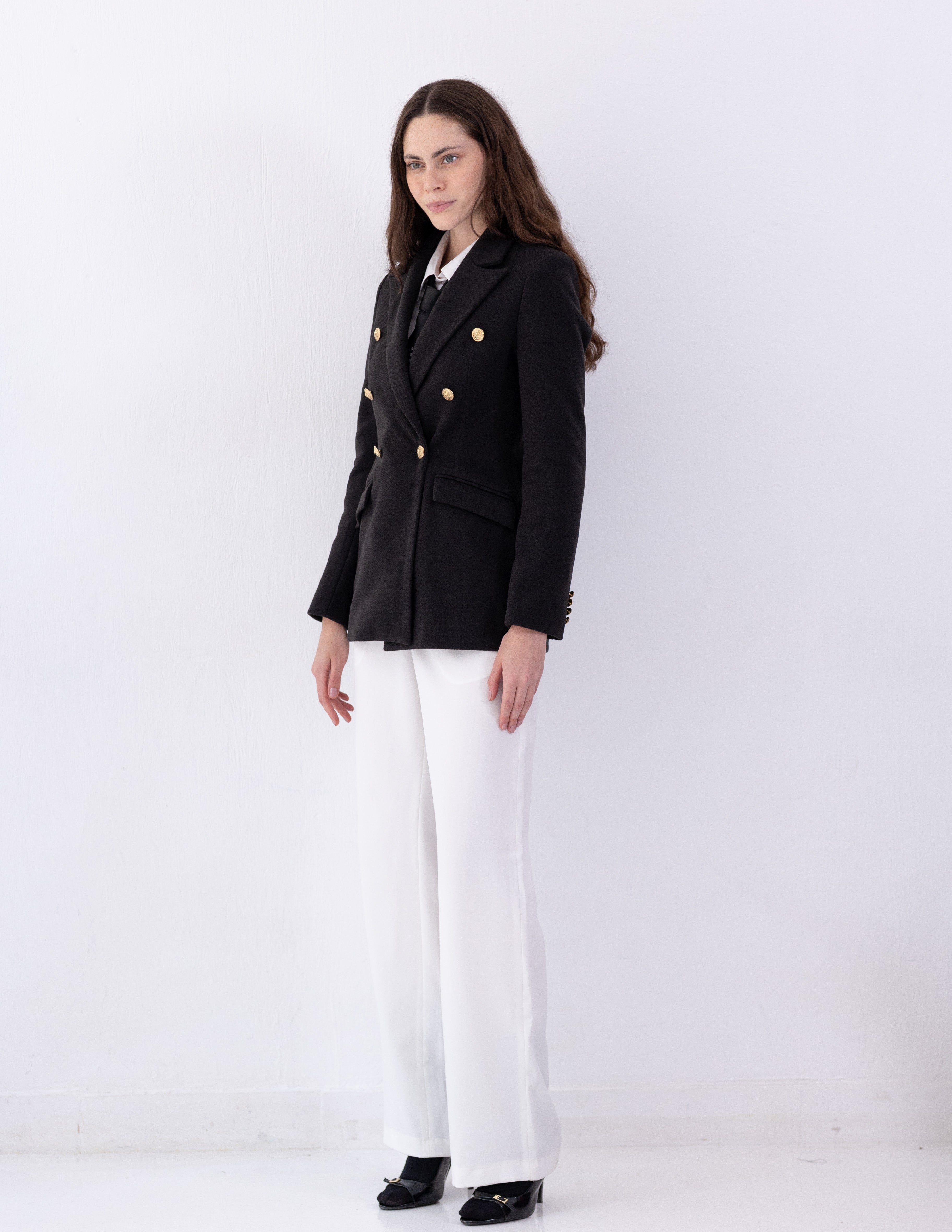 Jet Black Tweed Wool Double Breasted Blazer