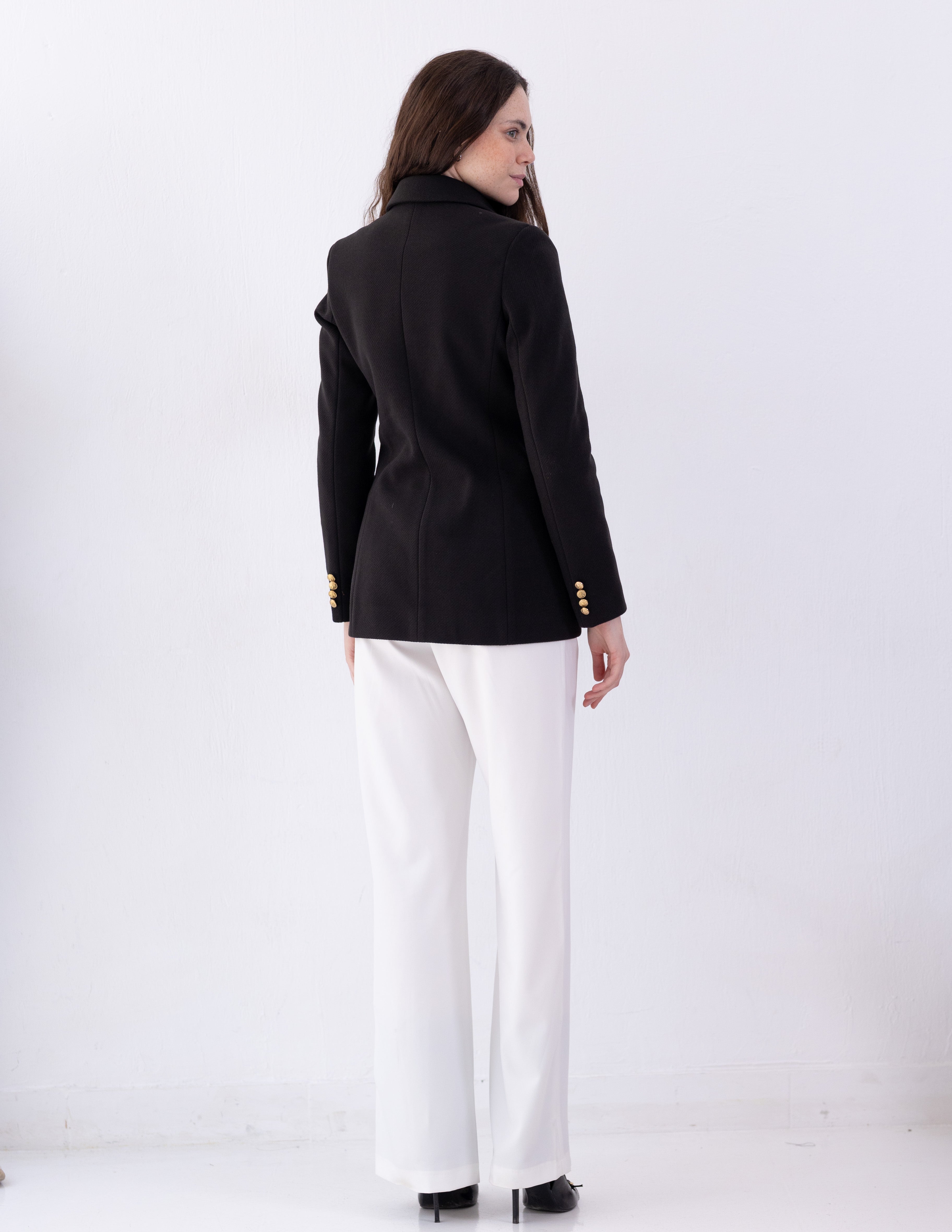 Jet Black Tweed Wool Double Breasted Blazer