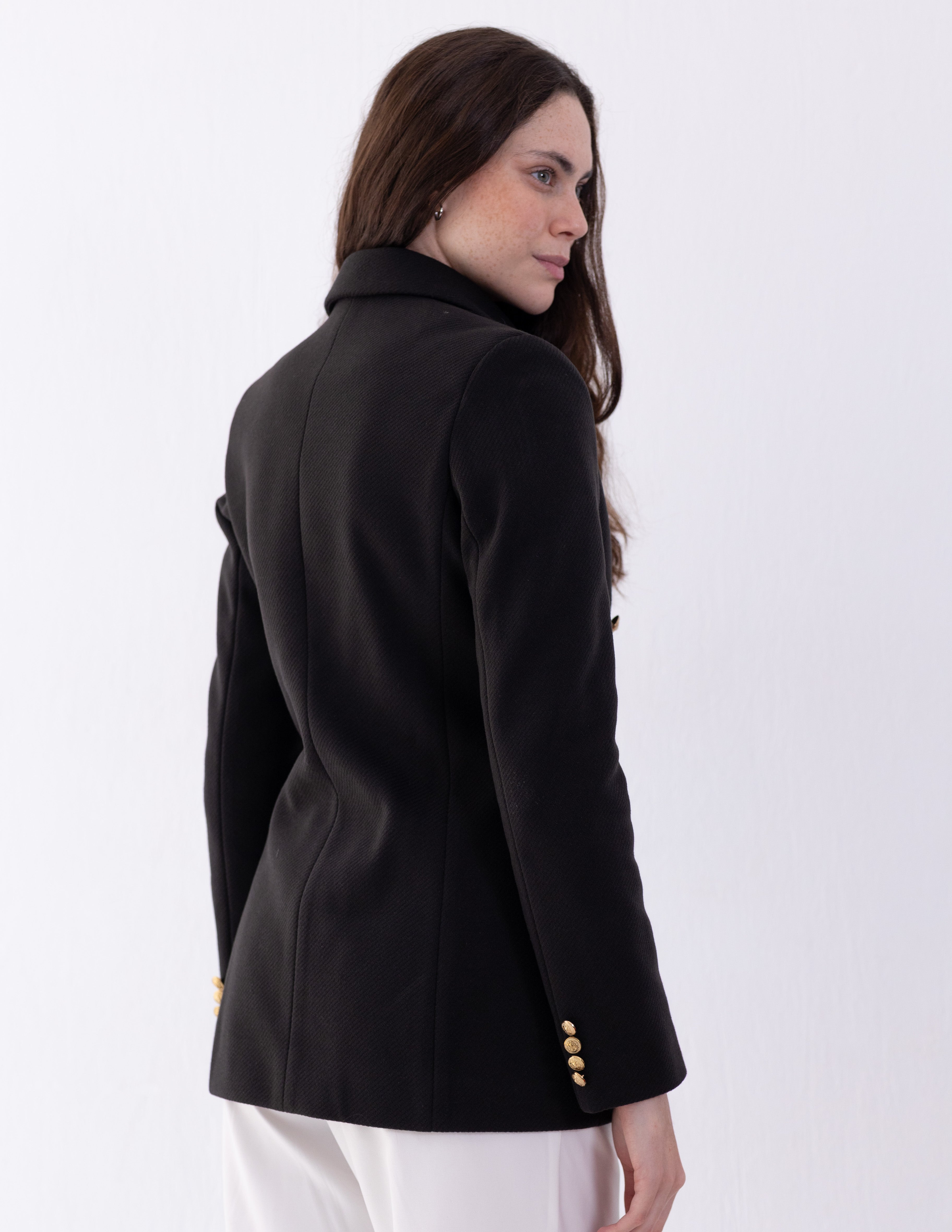 Jet Black Tweed Wool Double Breasted Blazer