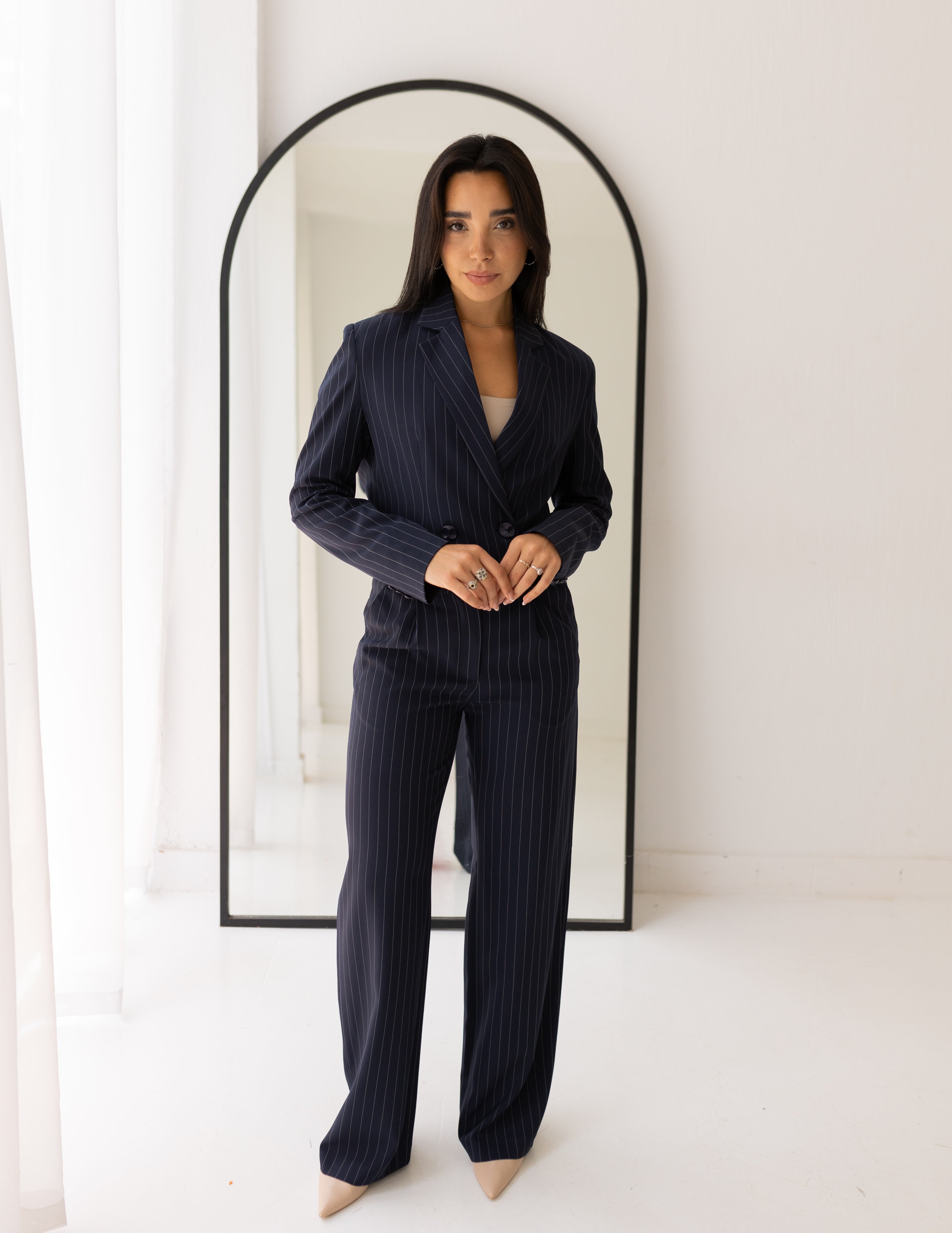 Striped Navy Wide-Leg Straight Mid Pants