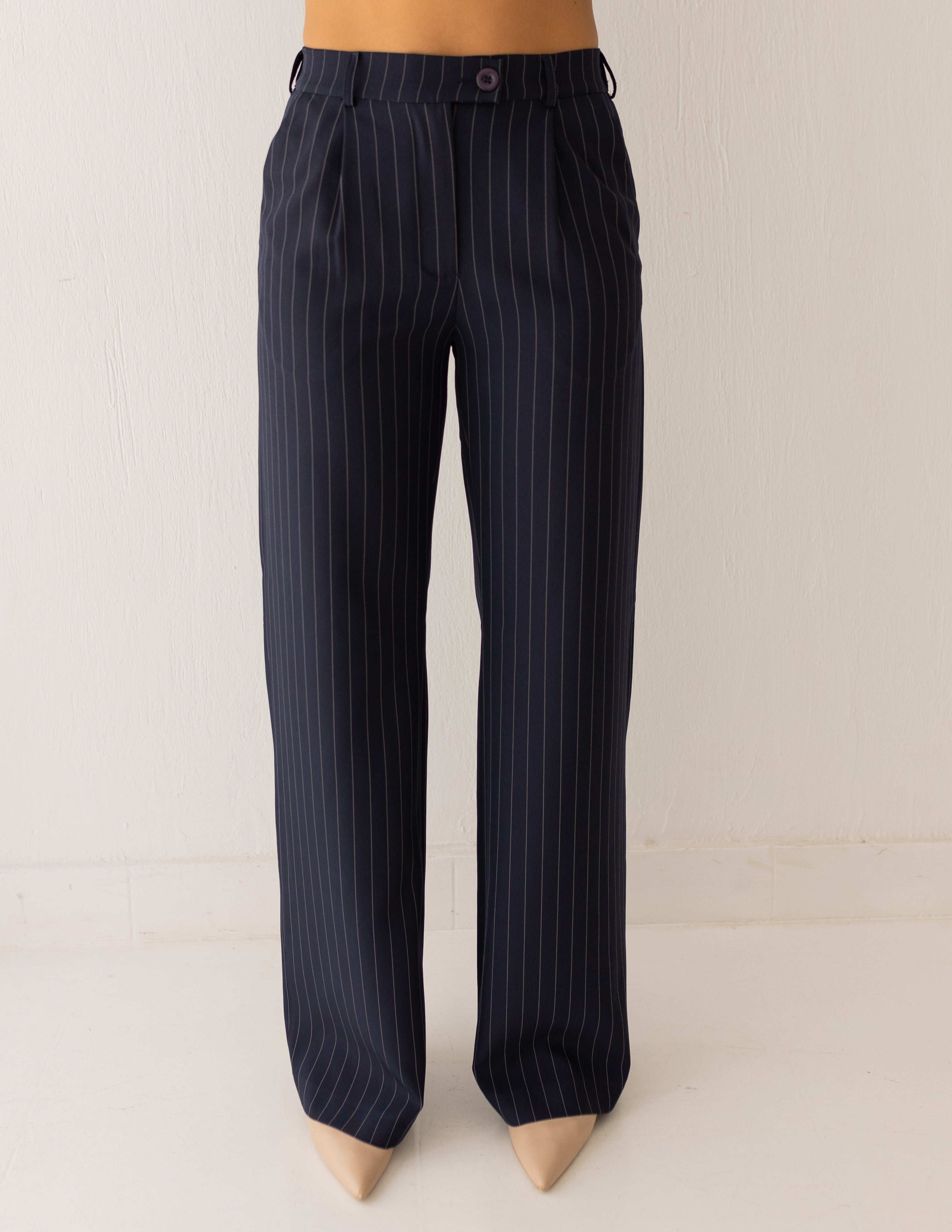 Striped Navy Wide-Leg Straight Mid Pants