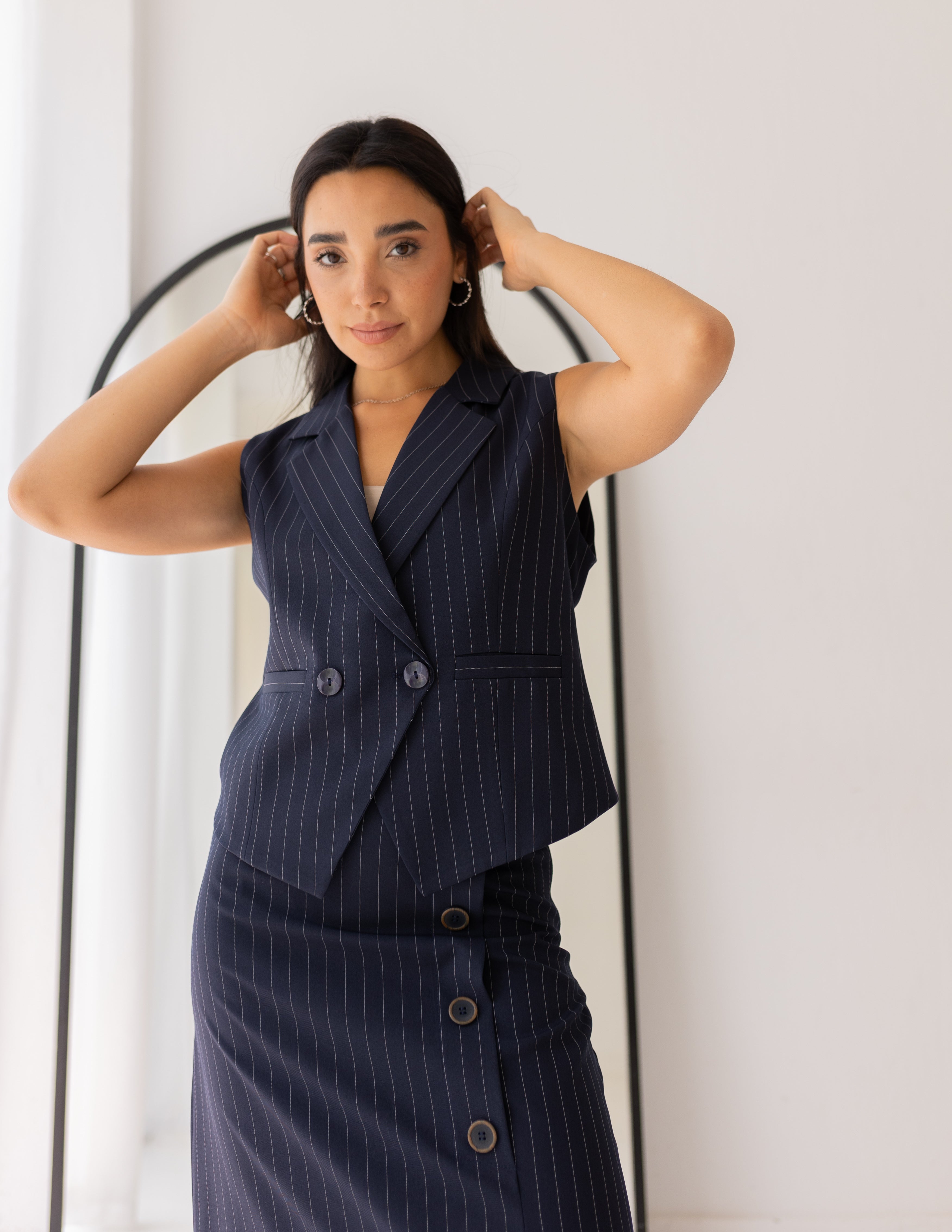 Striped Navy Double Breasted Cropped Vest
