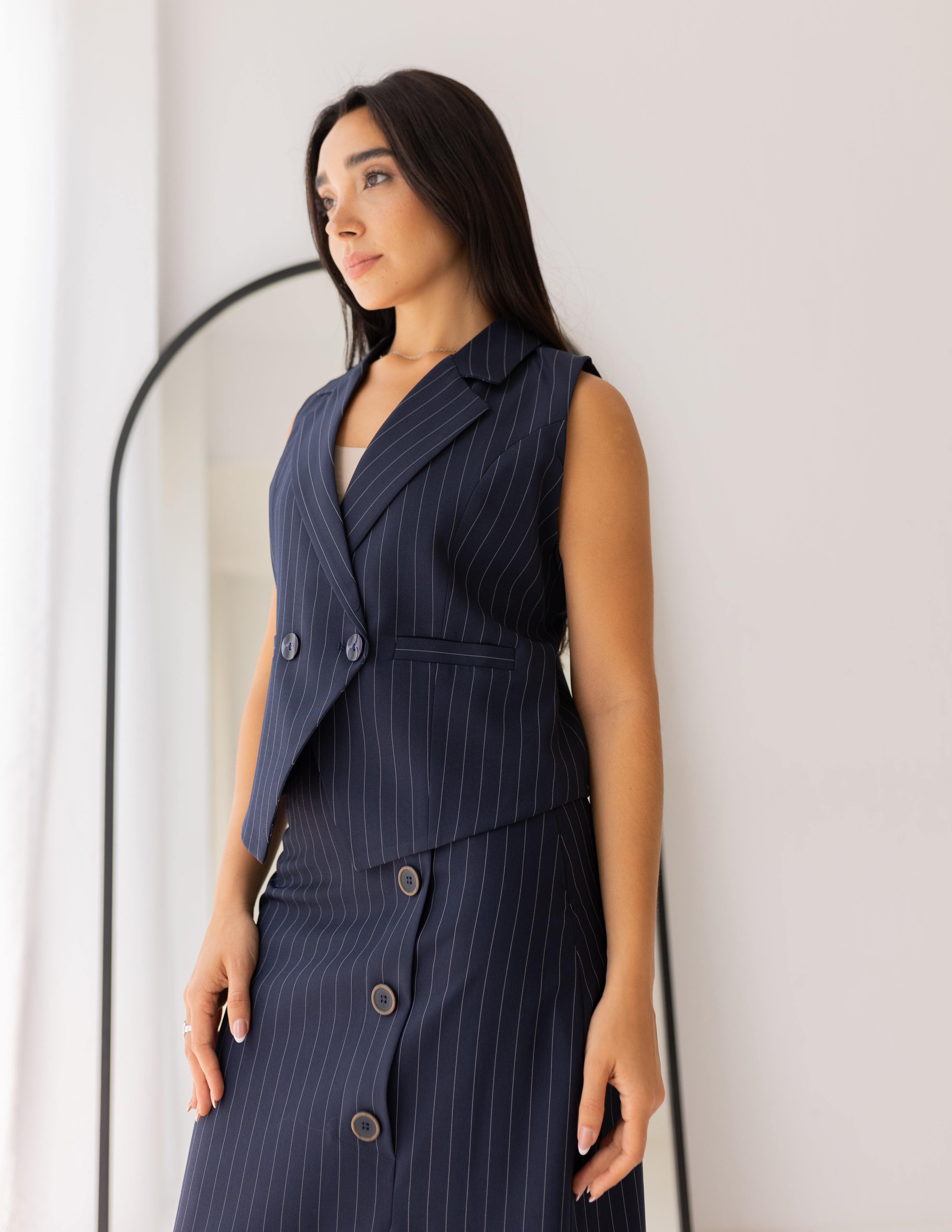 Striped Navy Double Breasted Cropped Vest