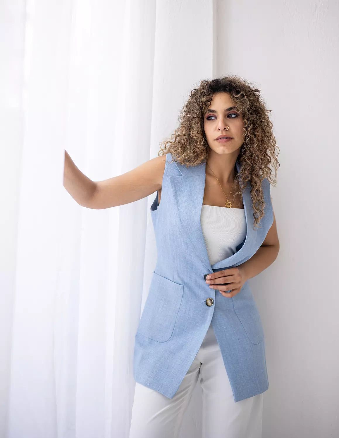 Sky Blue Long Linen Vest