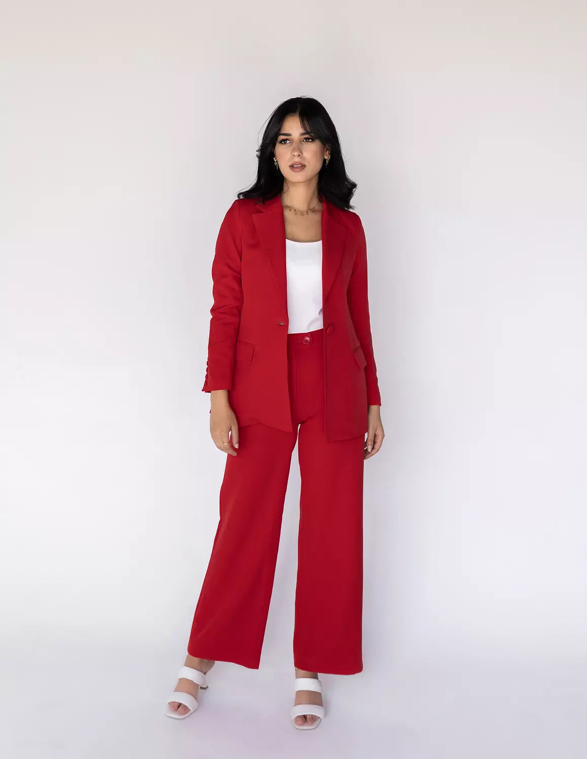 Coral Red Wide-Leg Straight Mid Pants