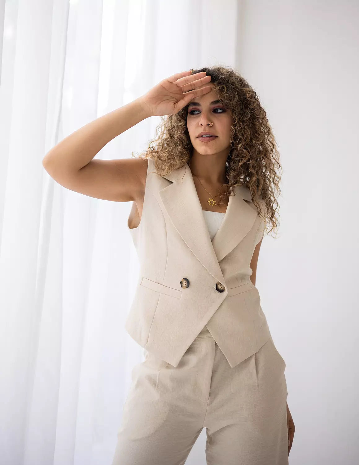 Light Beige Linen Double Breasted Cropped Vest