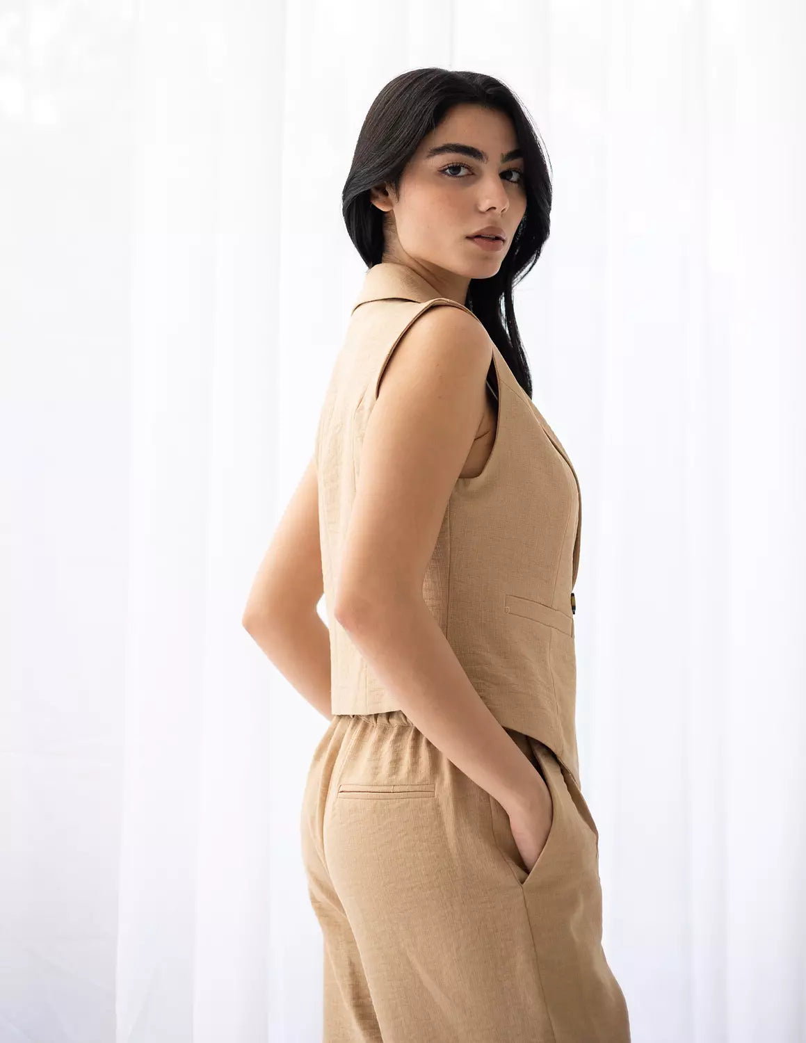 Honey Beige Linen Double Breasted Cropped Vest