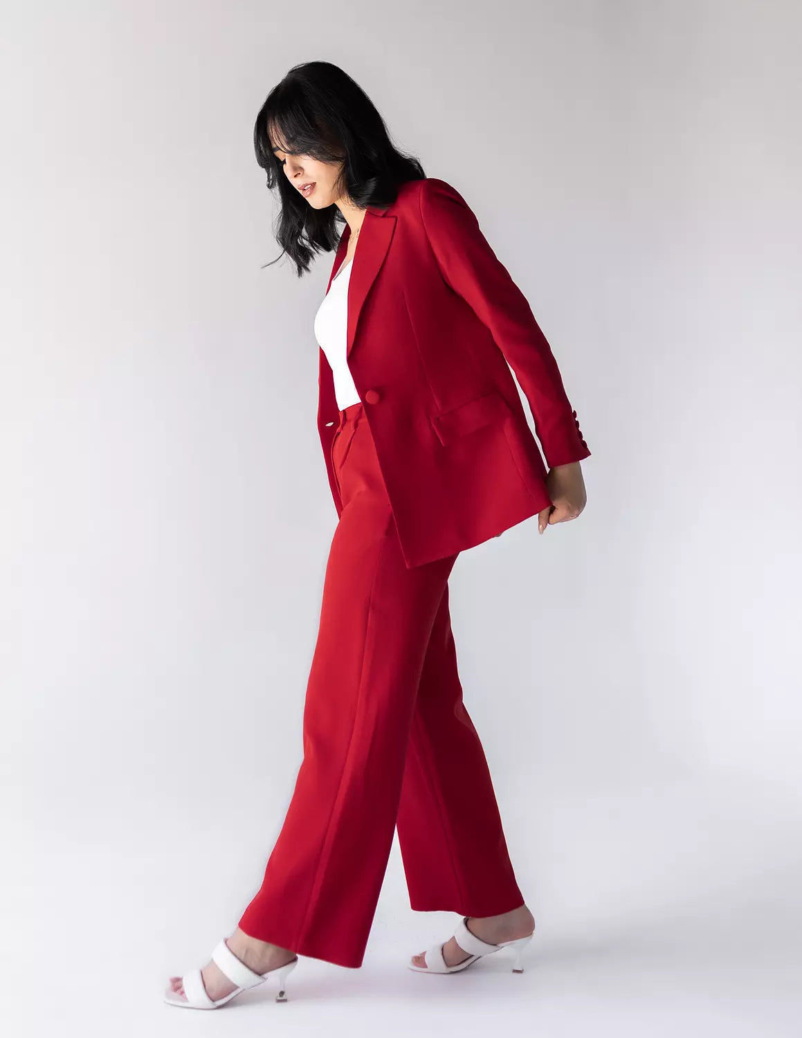 Coral Red Wide-Leg Straight Mid Pants