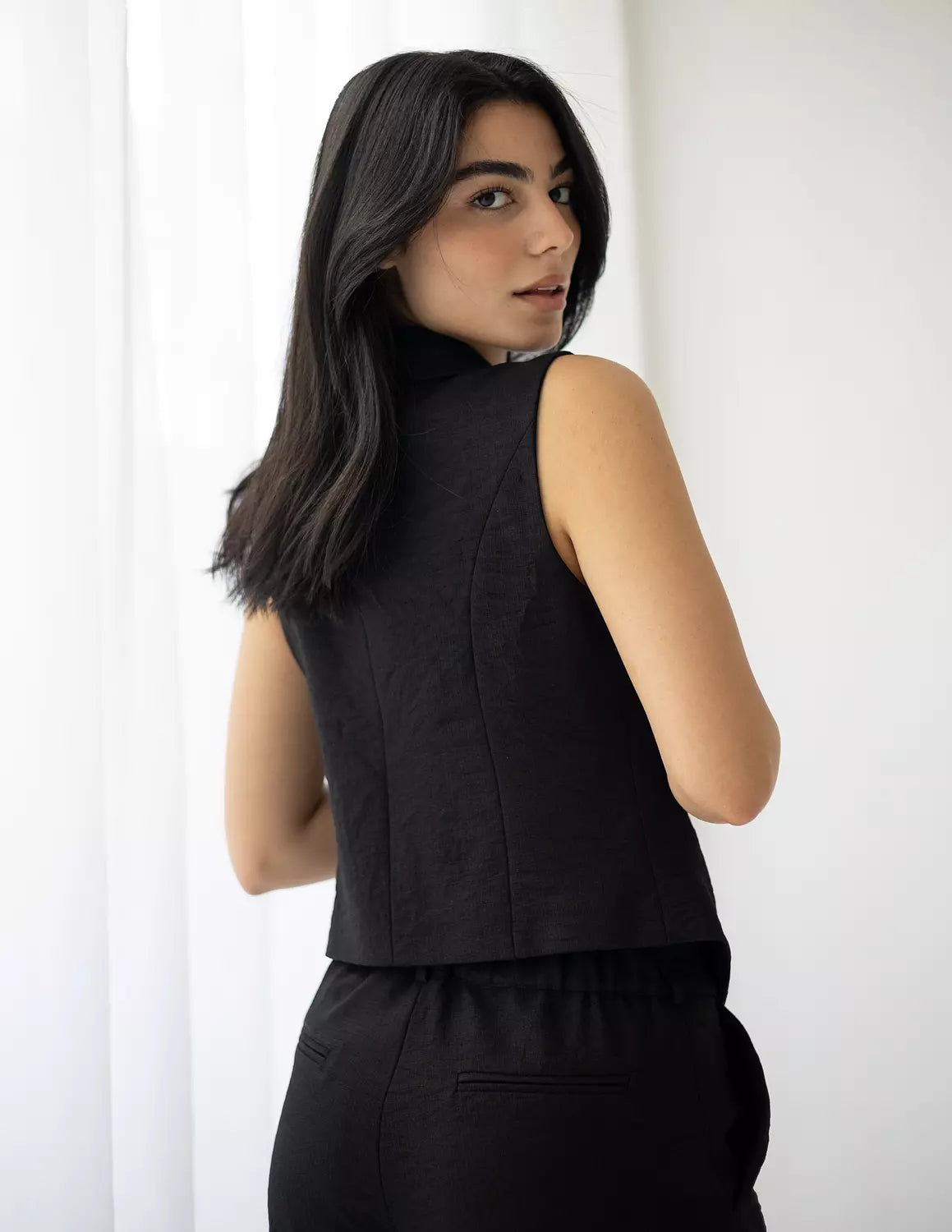 Midnight Linen Double Breasted Cropped Vest