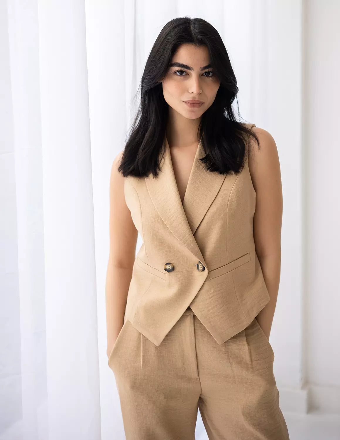Honey Beige Linen Double Breasted Cropped Vest