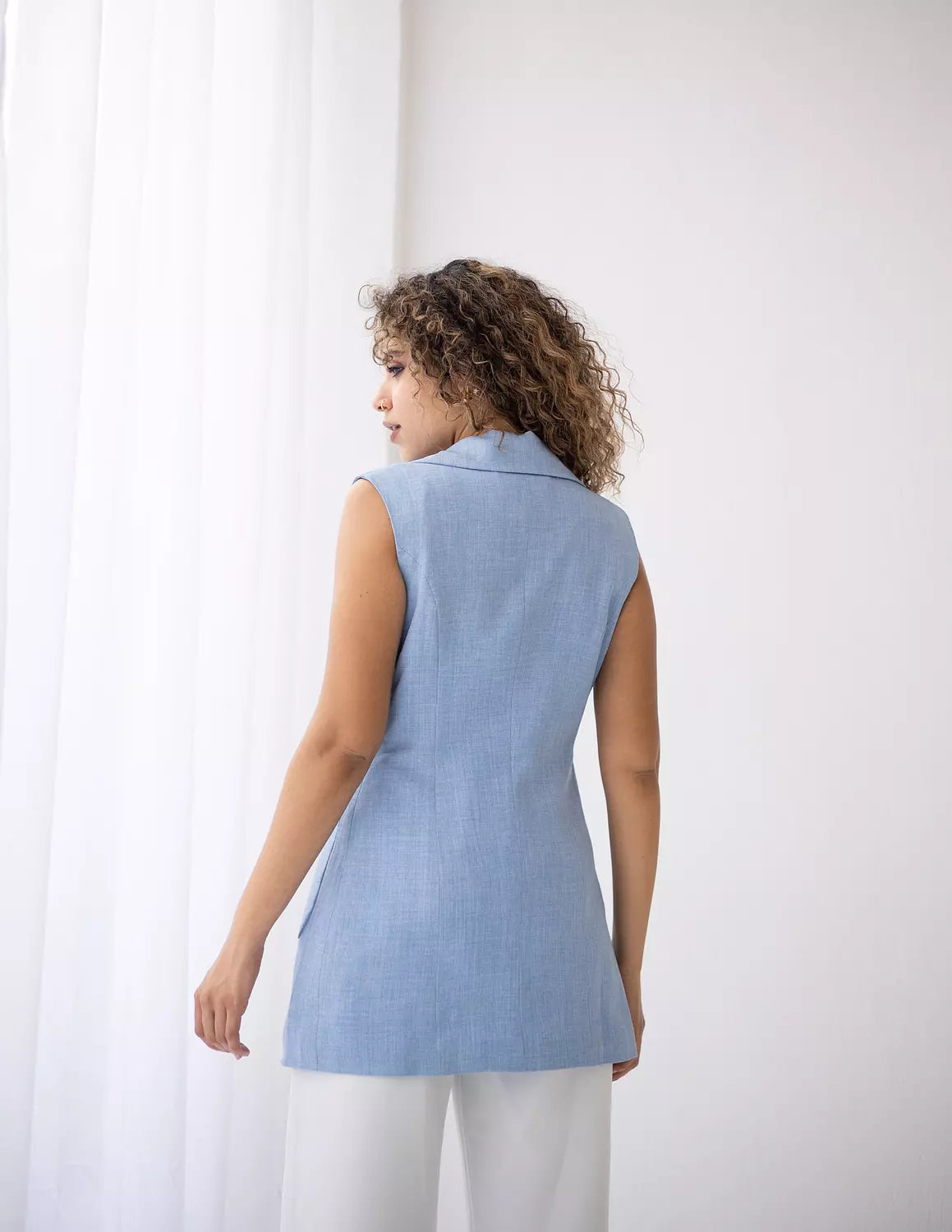 Sky Blue Long Linen Vest