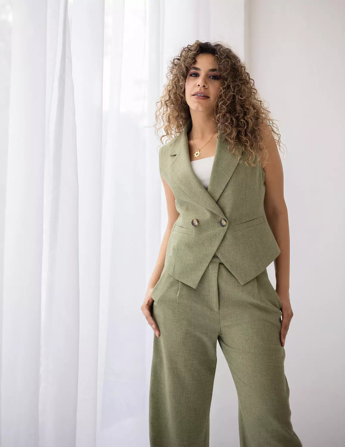 Vineyard Green Linen Double Breasted Cropped Vest