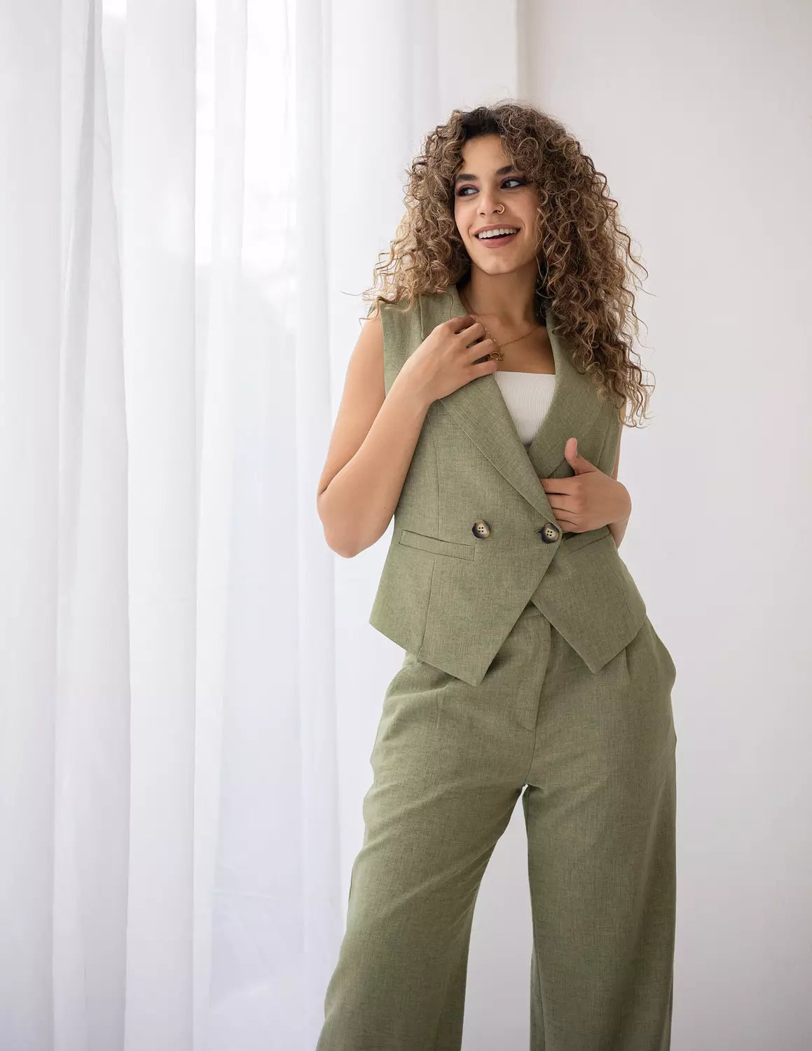 Vineyard Green Linen Double Breasted Cropped Vest