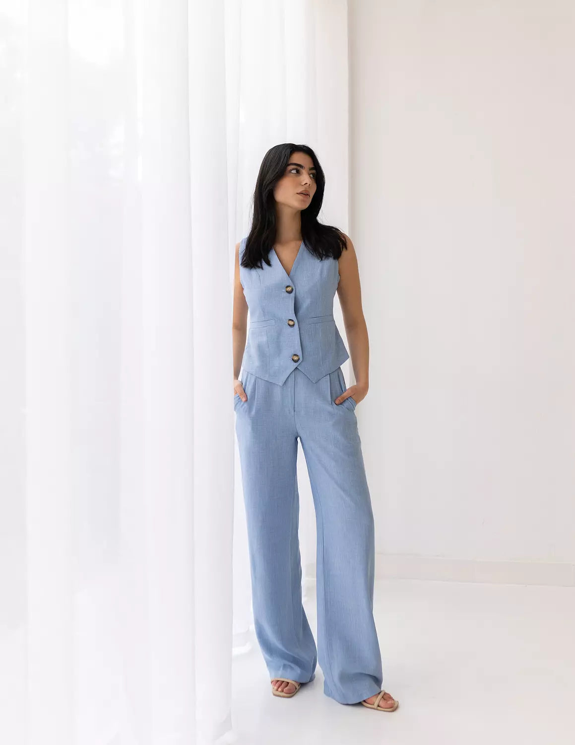 Sky Blue Linen Cropped Vest