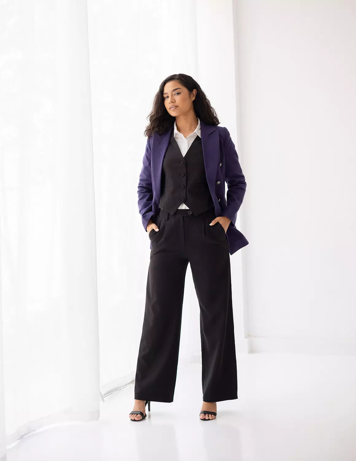 Metallic Violet Tweed Wool Double Breasted Blazer