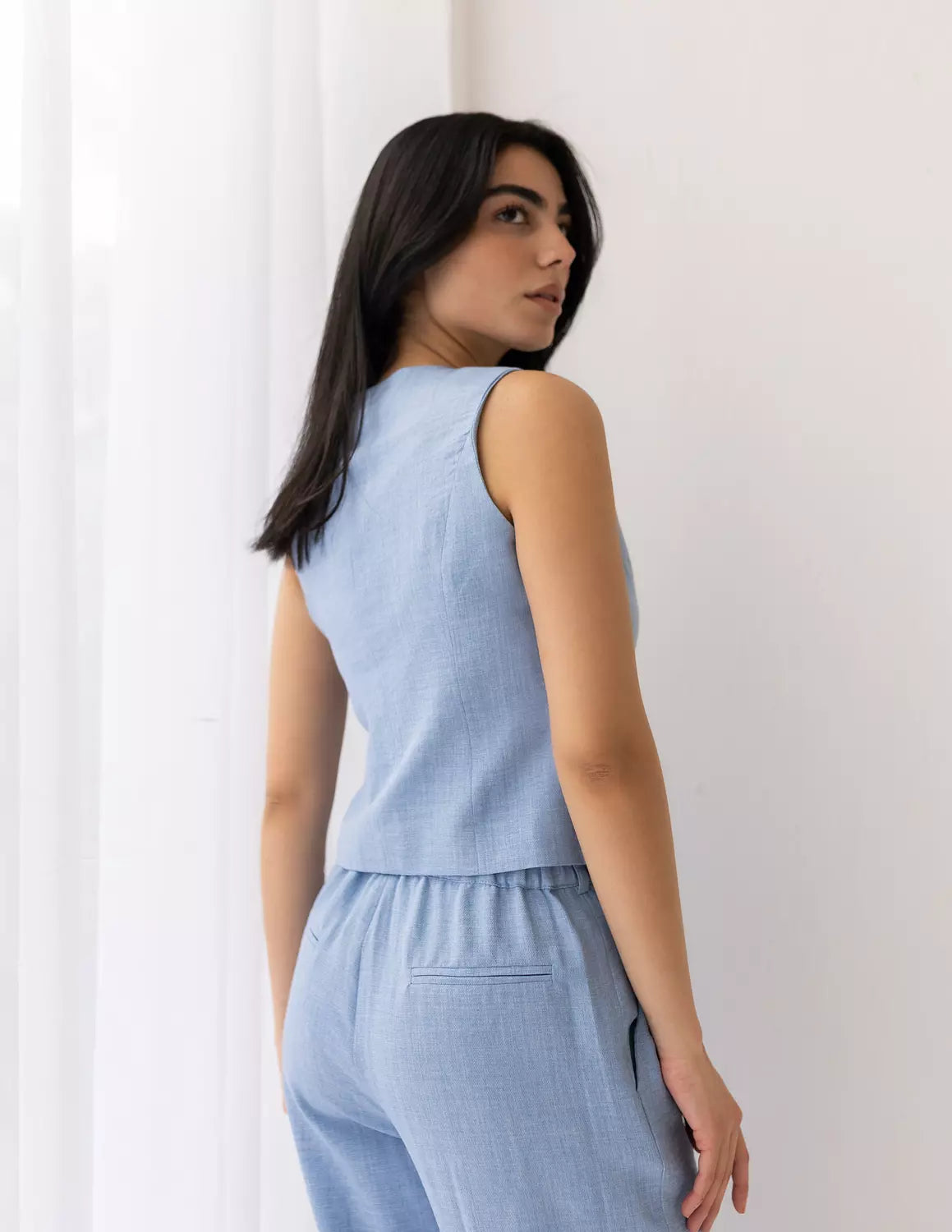 Sky Blue Linen Cropped Vest