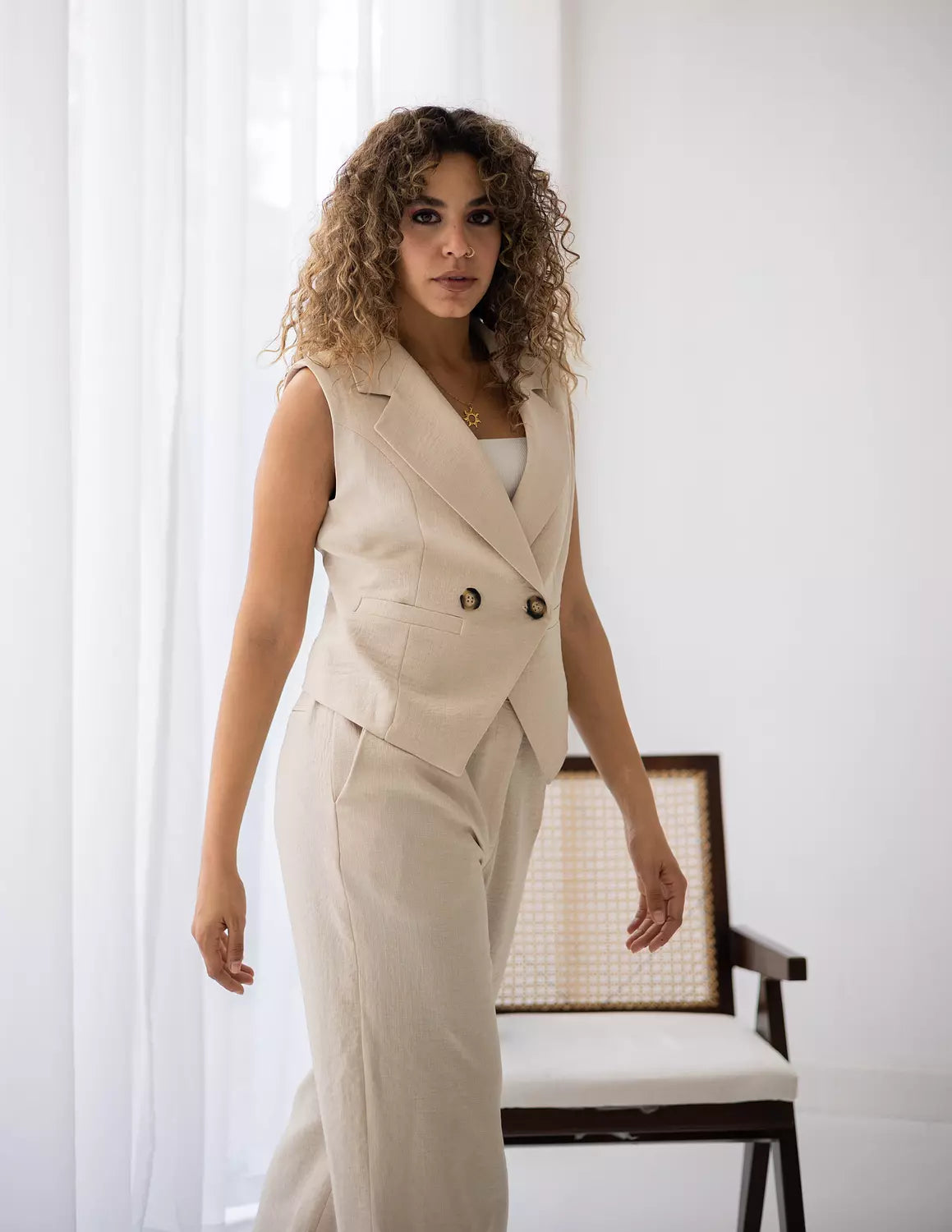 Light Beige Linen Double Breasted Cropped Vest