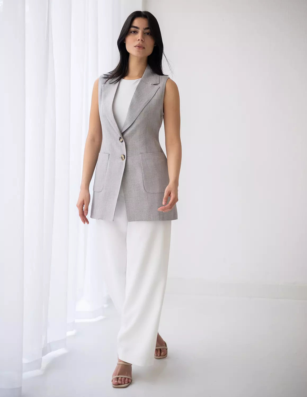 Light Gray Long Linen Vest