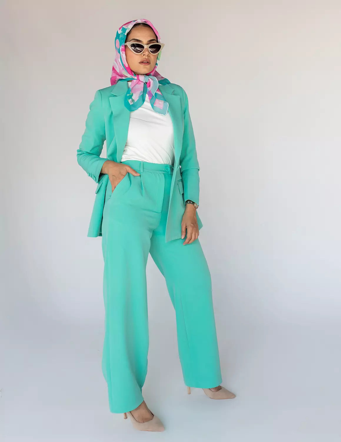 Mint green Wide-Leg Straight Mid Pants