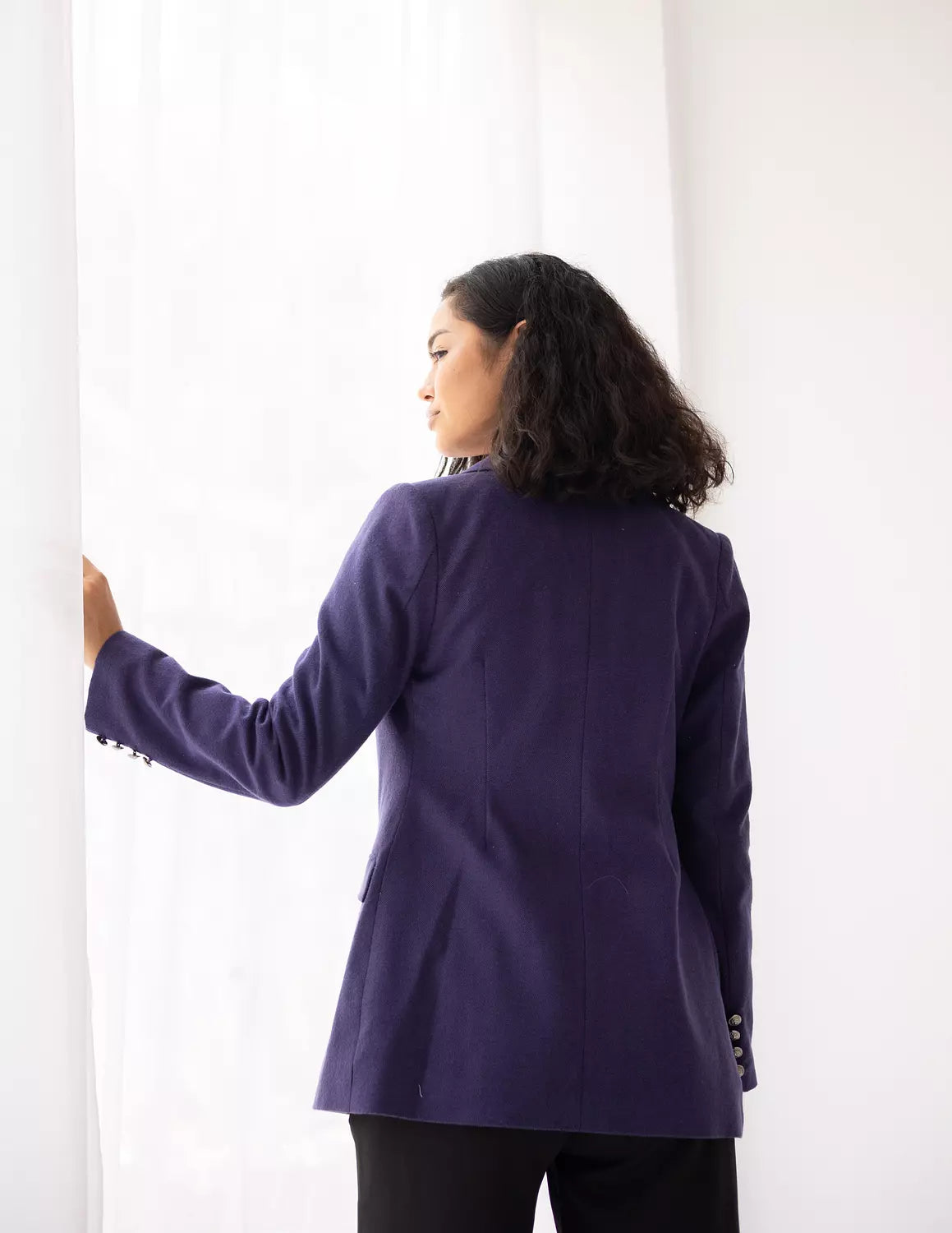 Metallic Violet Tweed Wool Double Breasted Blazer