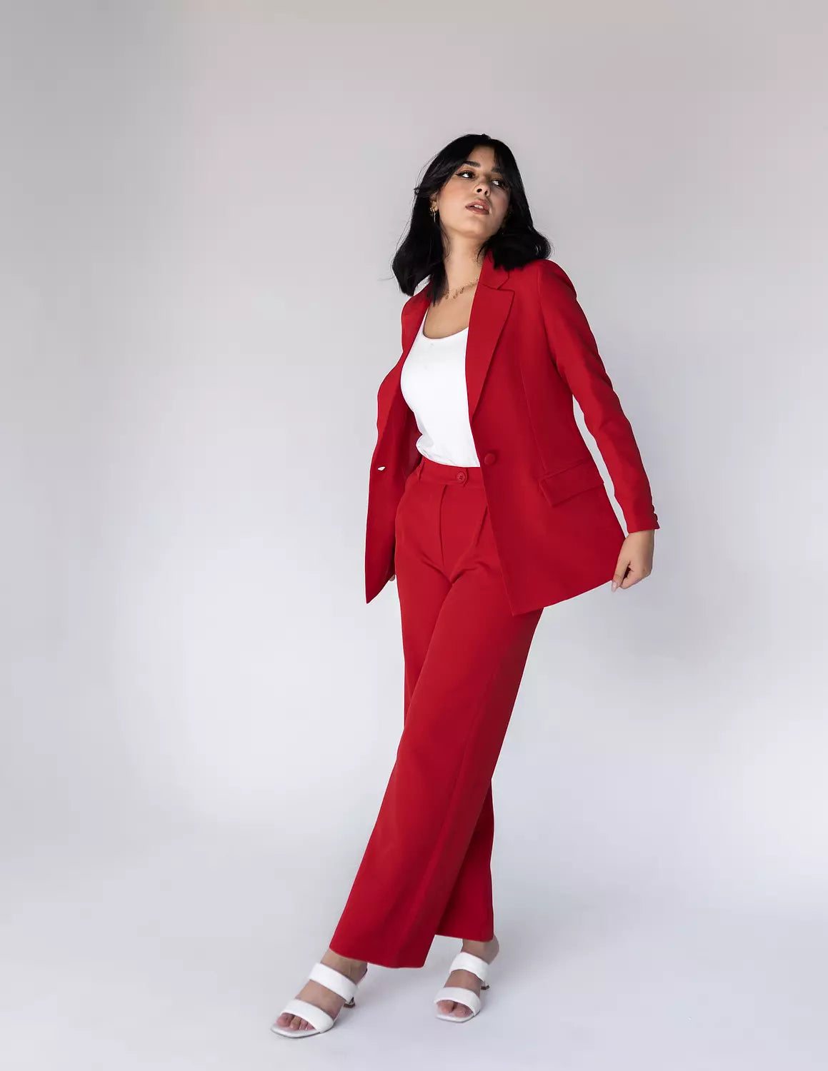 Coral Red Wide-Leg Straight Mid Pants