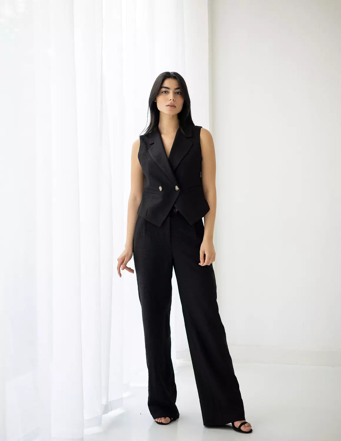 Midnight Linen Double Breasted Cropped Vest