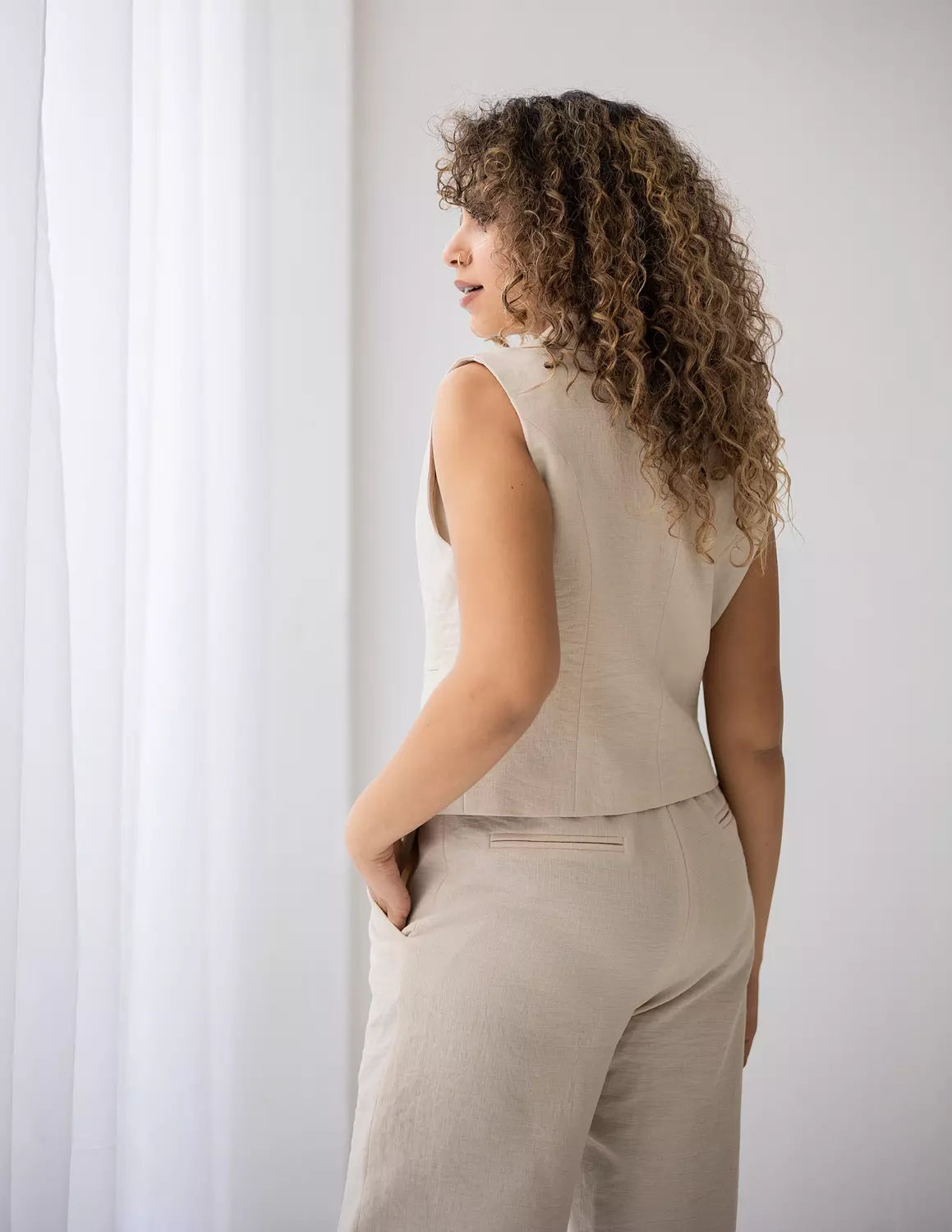 Light Beige Linen Double Breasted Cropped Vest