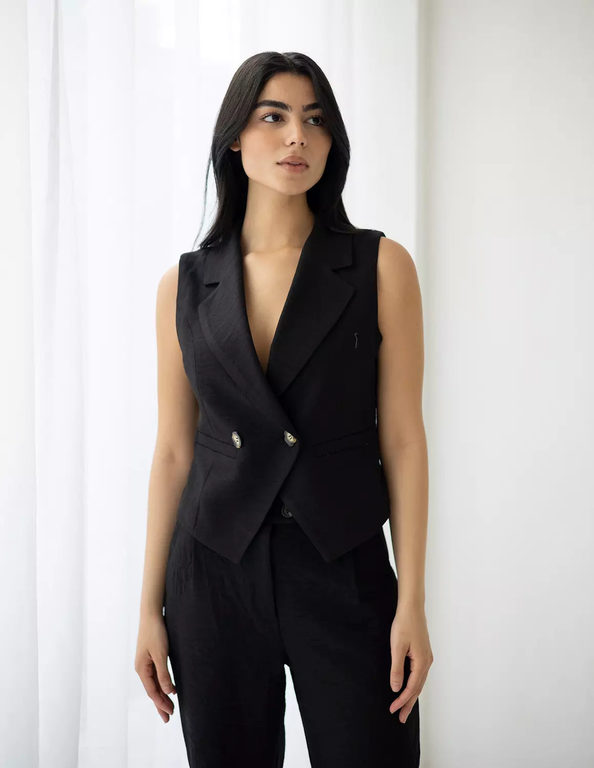 Midnight Linen Double Breasted Cropped Vest